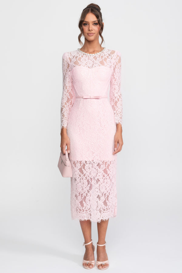 Midi-Kleid mit Spitzenbesatz, Kristallausschnitt und passendem Gürtel - Pink 