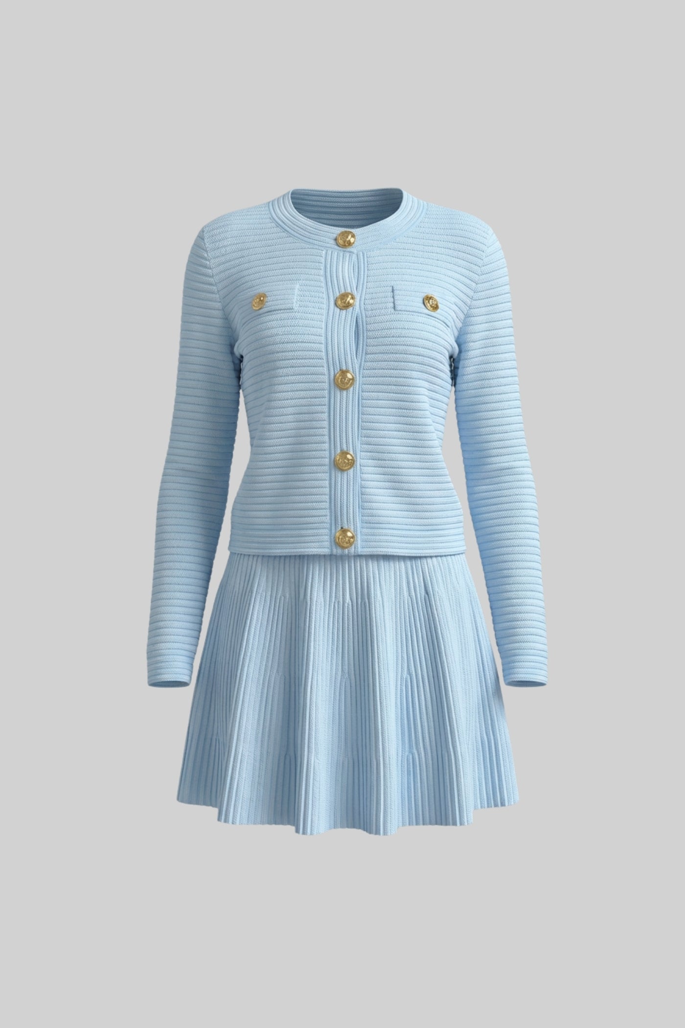 Ribbed Knit Co-Ord Set With Gold Button Embellishment - Blue