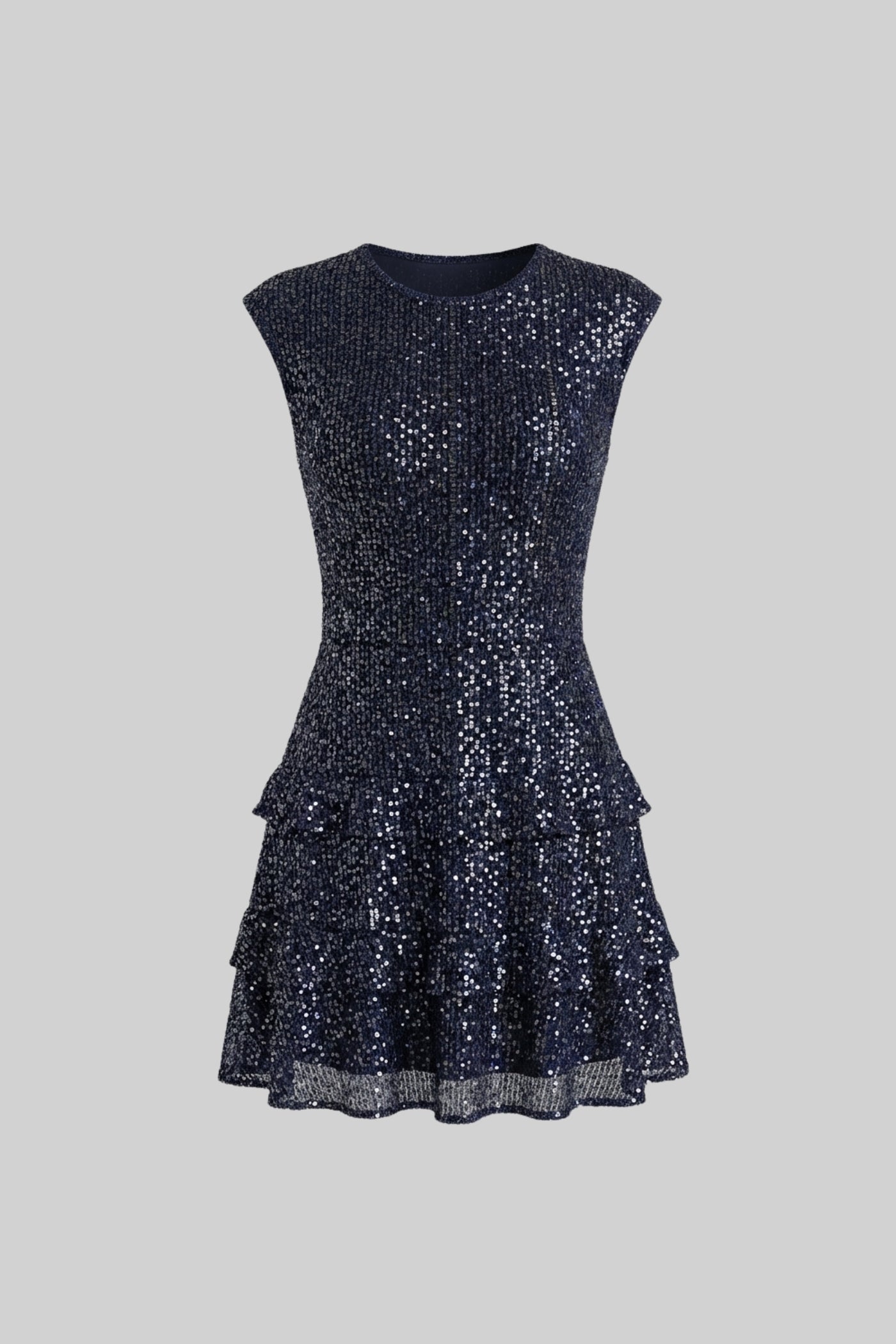 Sequin Cap Sleeve Mini Dress With Tiered Ruffle Skirt - Navy