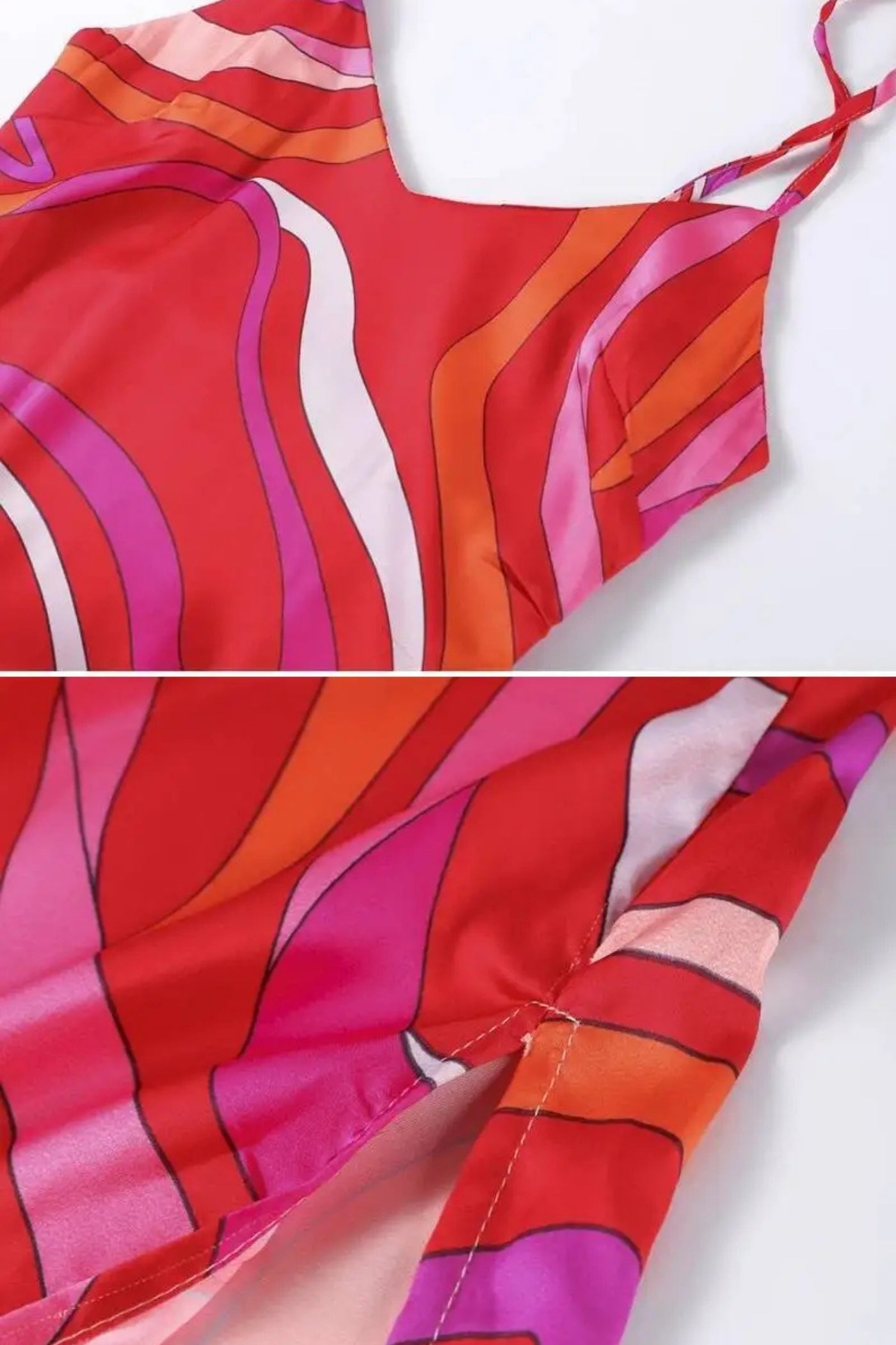 Bedrucktes Midikleid mit Trägern und abstraktem Wirbelmuster – Rot 