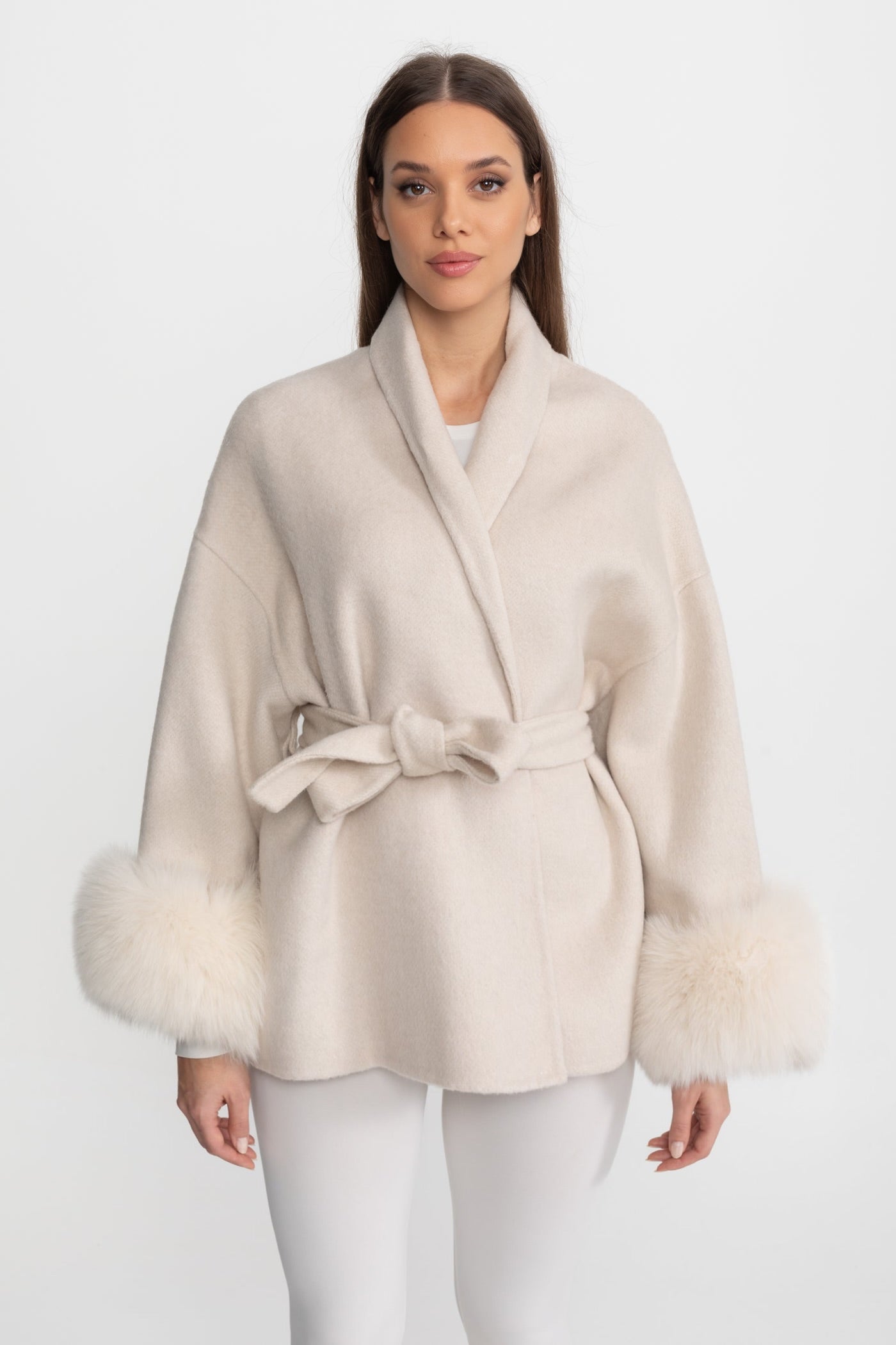 Wool Blend Wrap Jacket with Fox Fur Cuffs – Cream