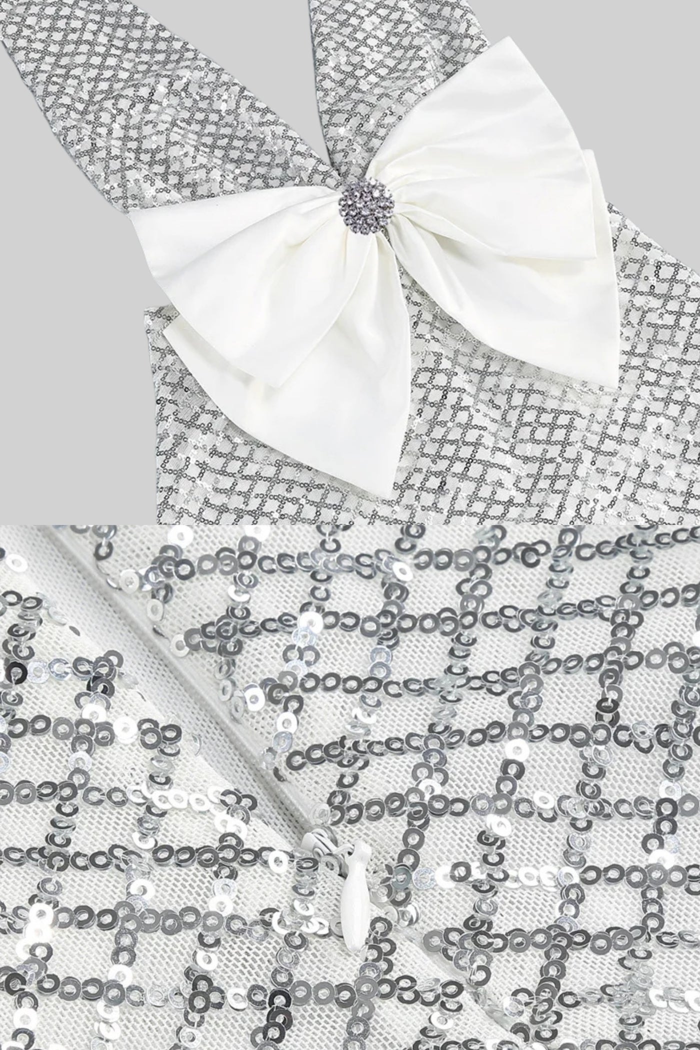 Pailletten-Maxikleid mit Satinschleifendetail – Hellgrau 