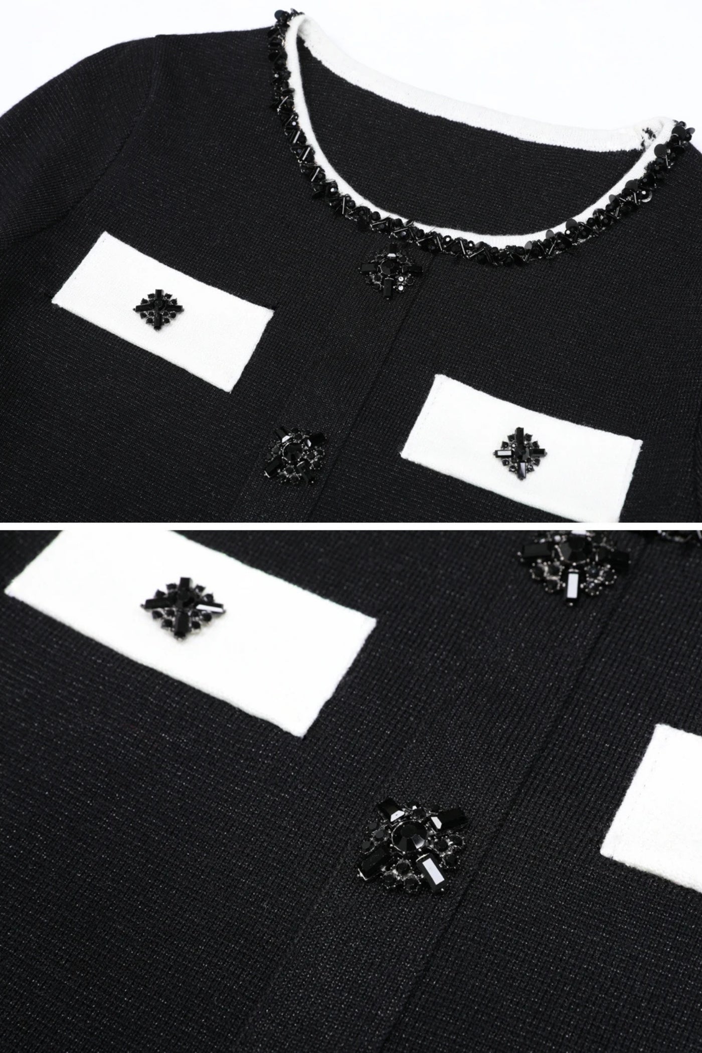 Langärbiges Strick-Co-Ord-Set mit kontrastierendem Besatz und funkelnden Verzierungen - Schwarz 