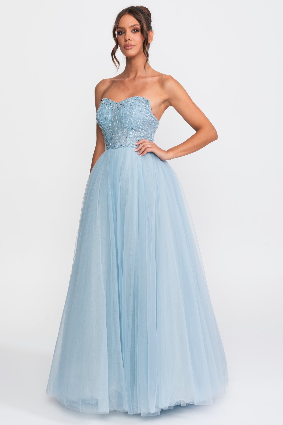 Tüll-Ballkleid mit trägerlosem Schnitt und Paillettenverzierungen - Hellblau 