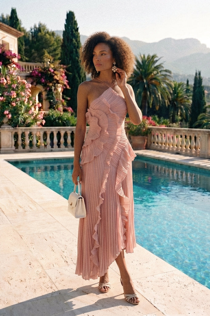 Plissiertes Midi-Kleid mit Neckholder und kaskadierenden Rüschendetails - Pink 