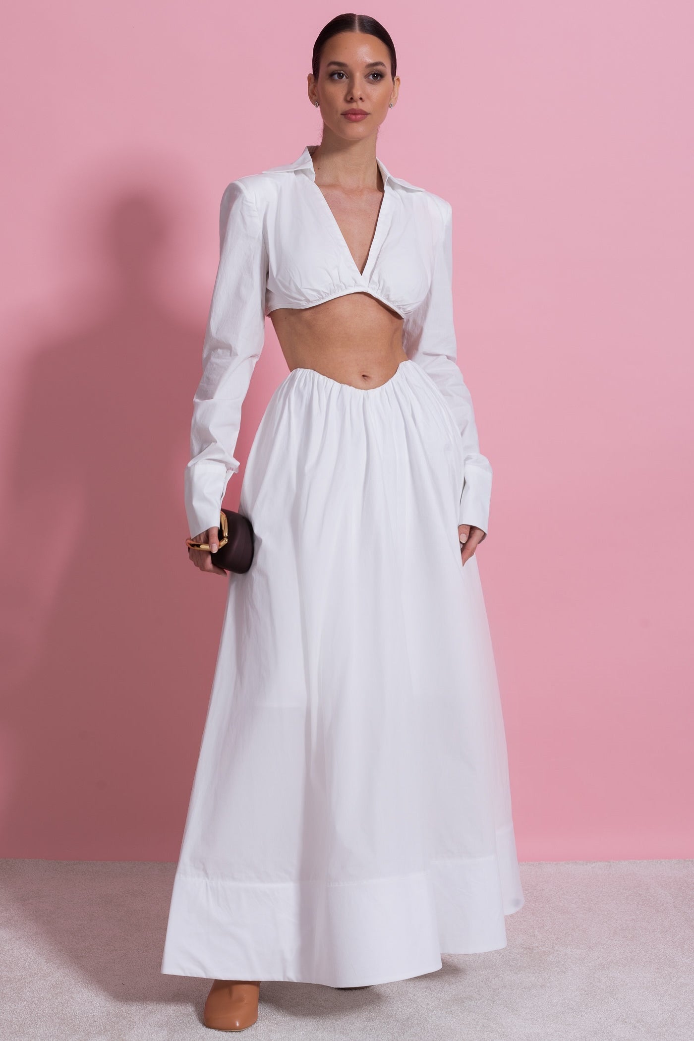 Langärmeliges Co-Ord-Set mit kurzem Unterbrust-Top – Weiß 