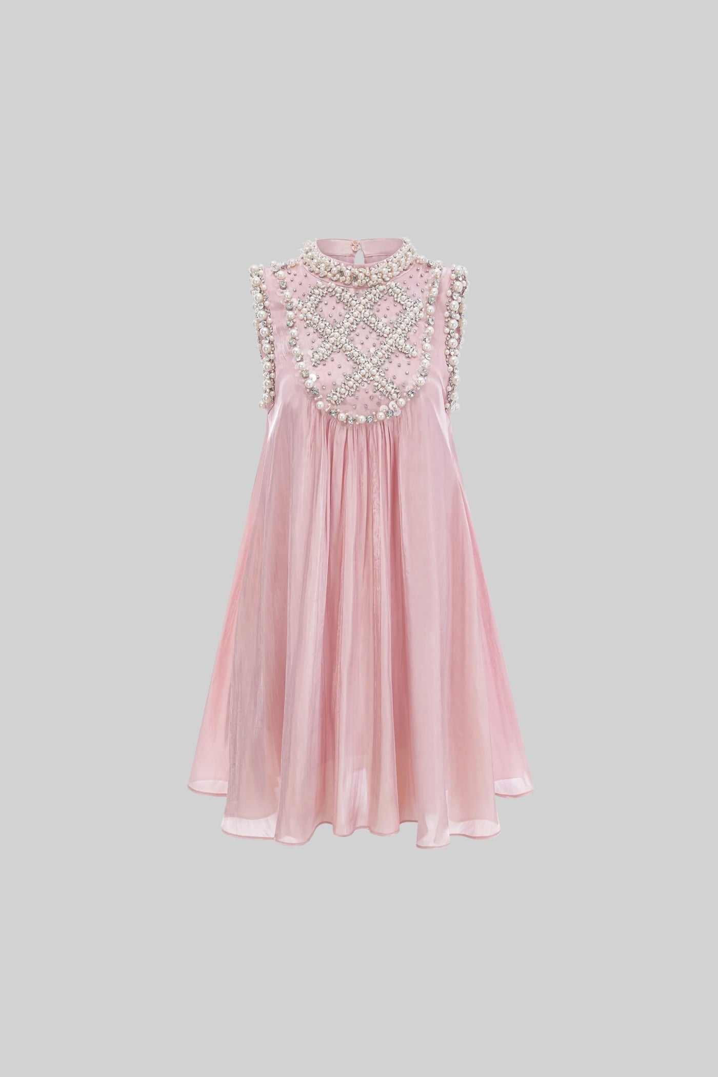 Elegant A-Line Sleeveless Dress With Intricate Pearl And Crystal Embellishments - Pink