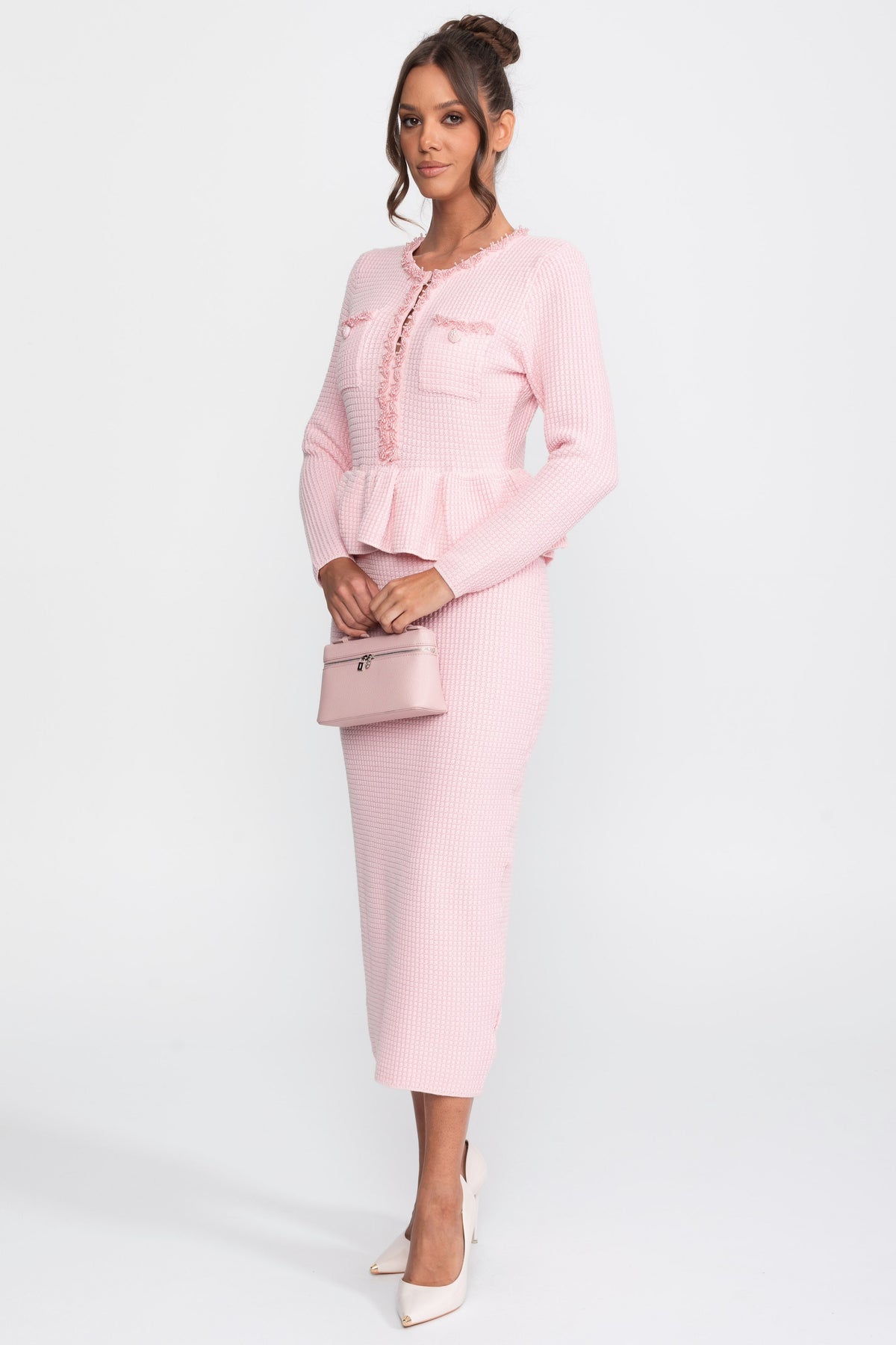 Strick-Peplum-Kleid mit Fransenbesatz und aufgesetzten Brusttaschen vorne - Pink 
