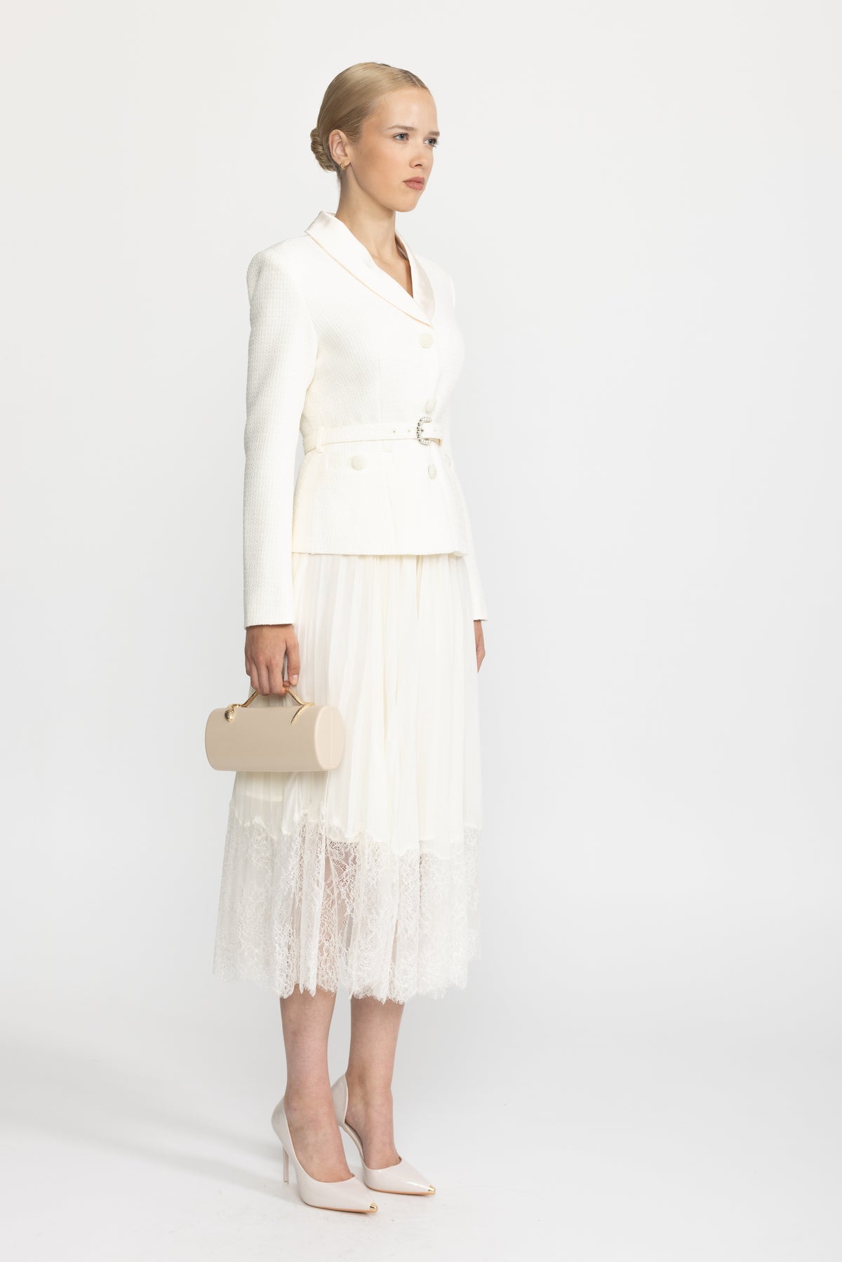 Satin Collar Tweed Jacket Dress with Pleated Lace Skirt - Ivoire