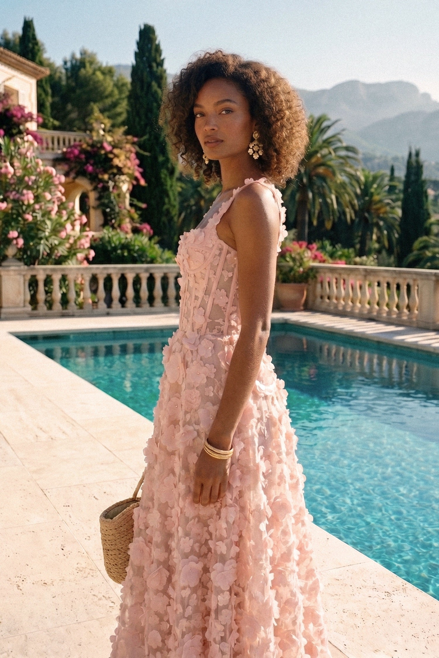 Maxikleid mit floraler Applikation und Korsagen-Oberteil - Pink 