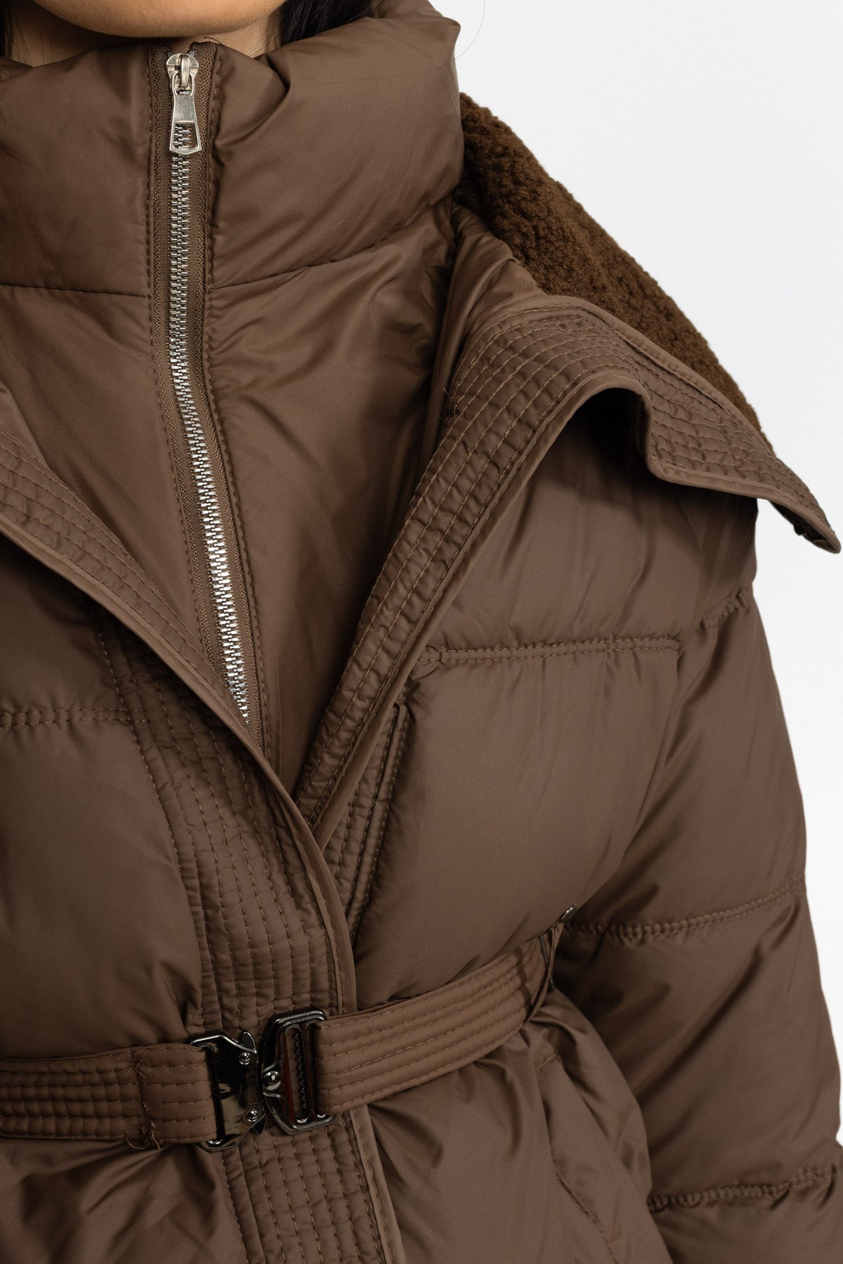 Belted Puffer Jacket with Teddy Collar - Coffee