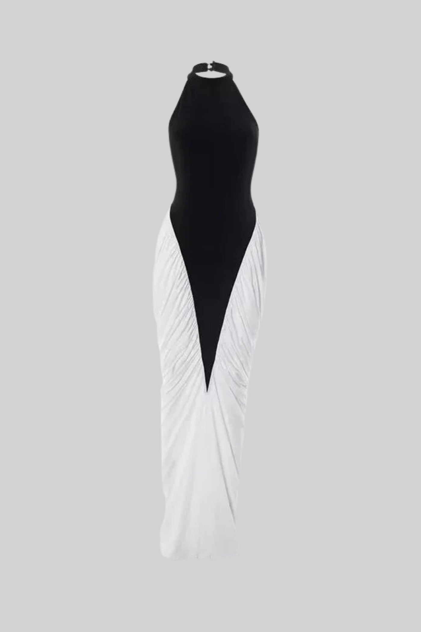 Halter Maxi Dress with  Contrasting Ruched Paneling - Black/White