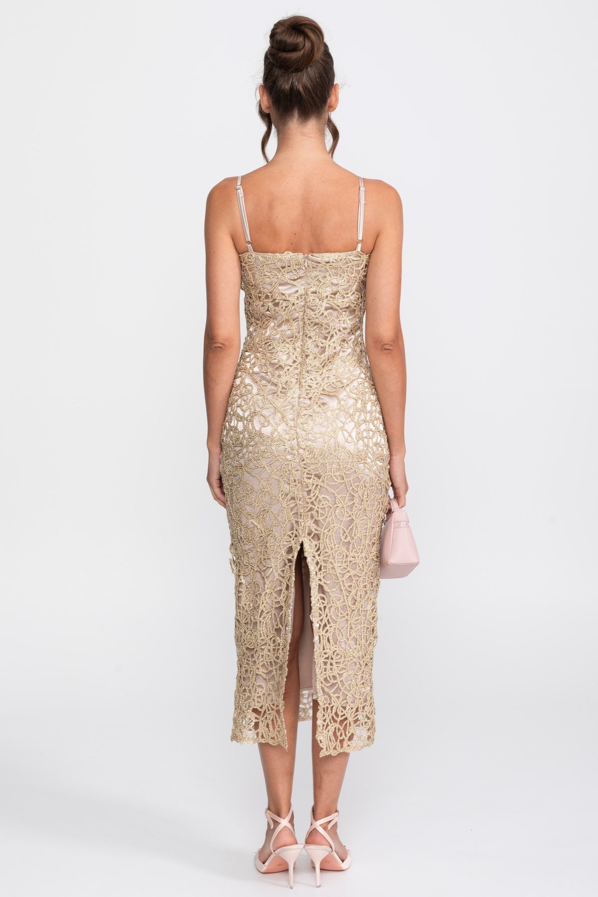 Metallisches Spitzen-Etui-Kleid mit quadratischem Ausschnitt - Gold 