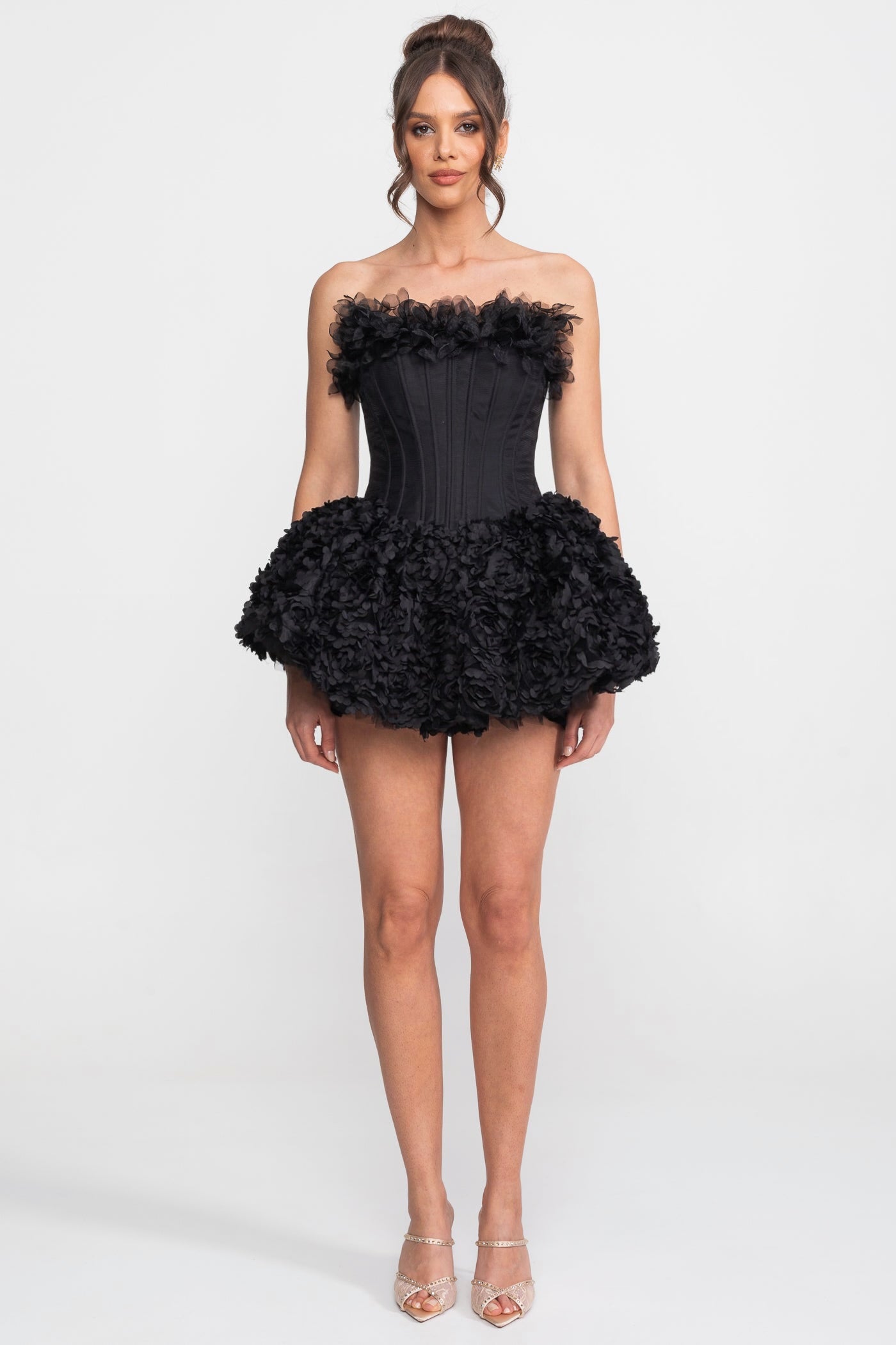 Trägerloses Korsett-Minikleid mit 3D-Rosen-Applikation am Rock - Schwarz 