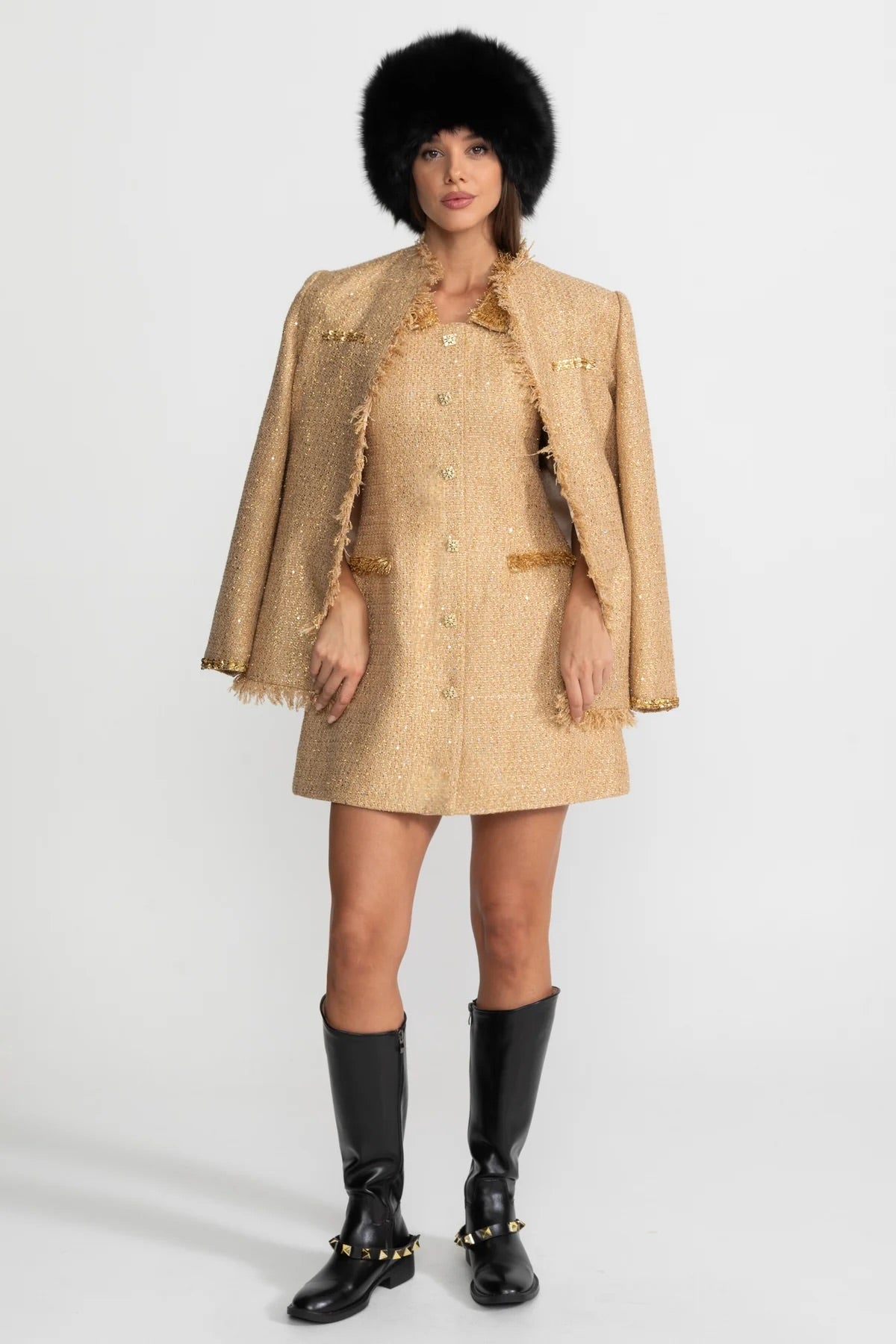 Textured Tweed Overcoat With Intricate Sequin Embellishments And Fringe Trim Accents - Gold