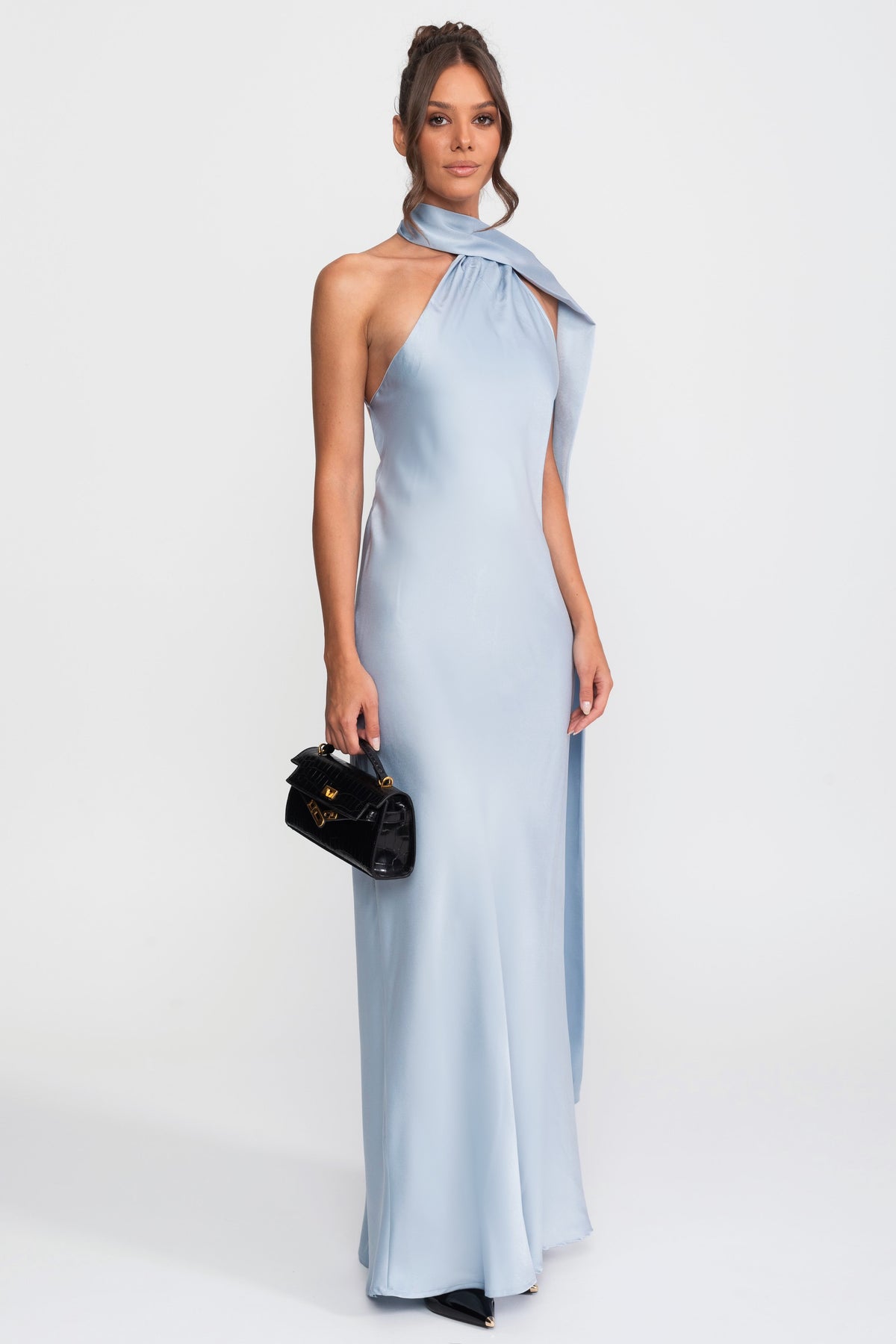 Twist-Halter-Satinkleid mit asymmetrischem Ausschnitt - Blau 