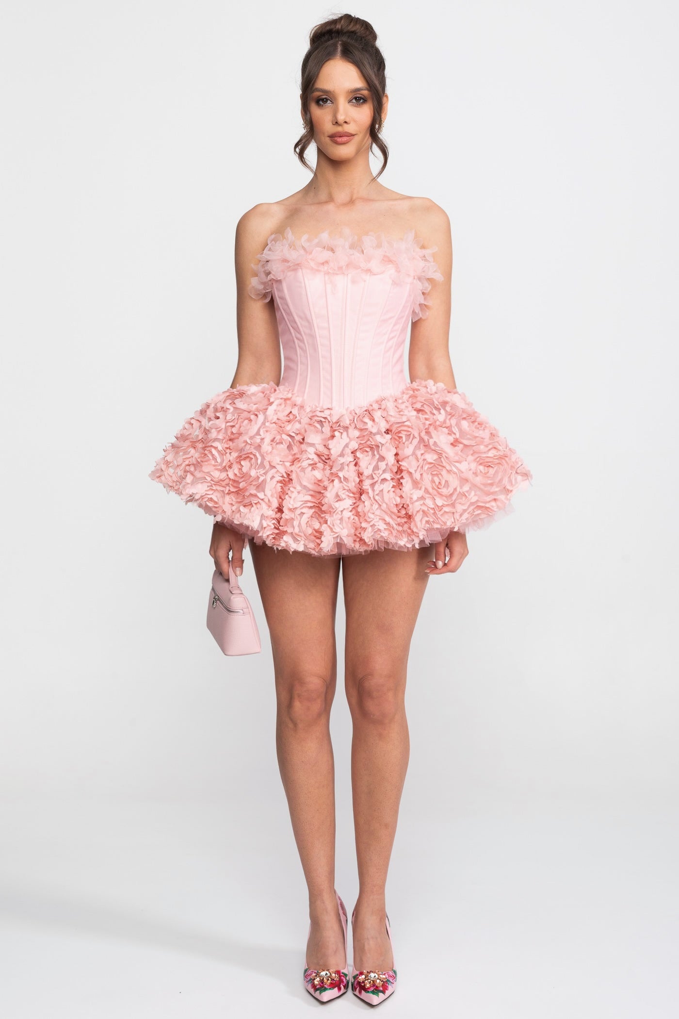 Trägerloses Corsagen-Minikleid mit 3D-Rosenapplikationsrock - Pink 