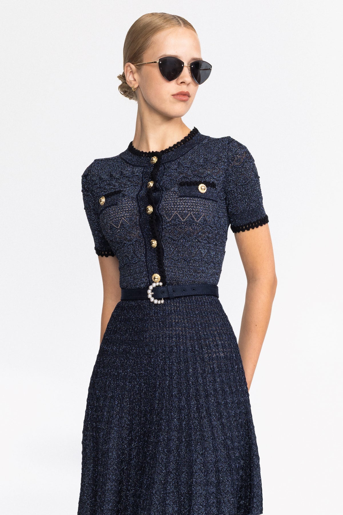 Metallic Pointelle Knit Belted Midi Dress - Navy