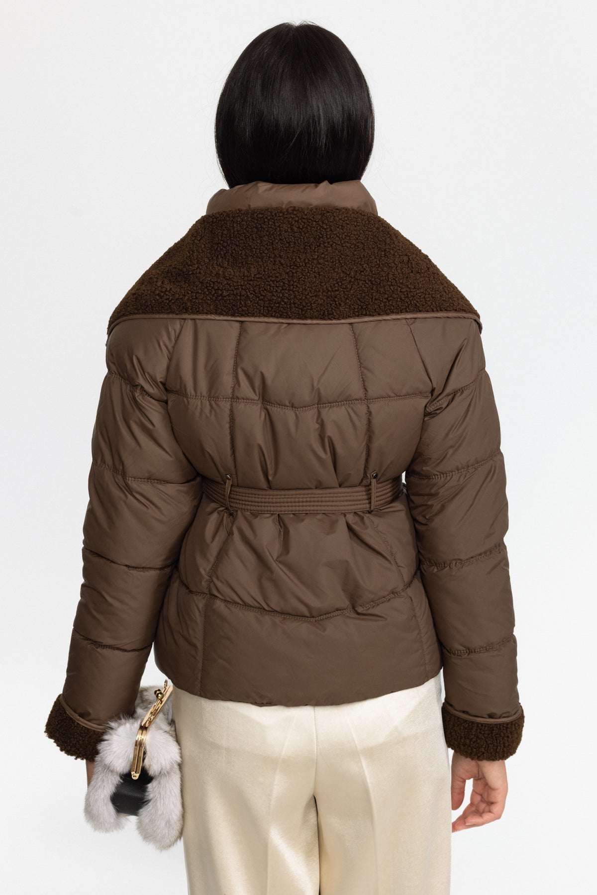 Belted Puffer Jacket with Teddy Collar - Coffee