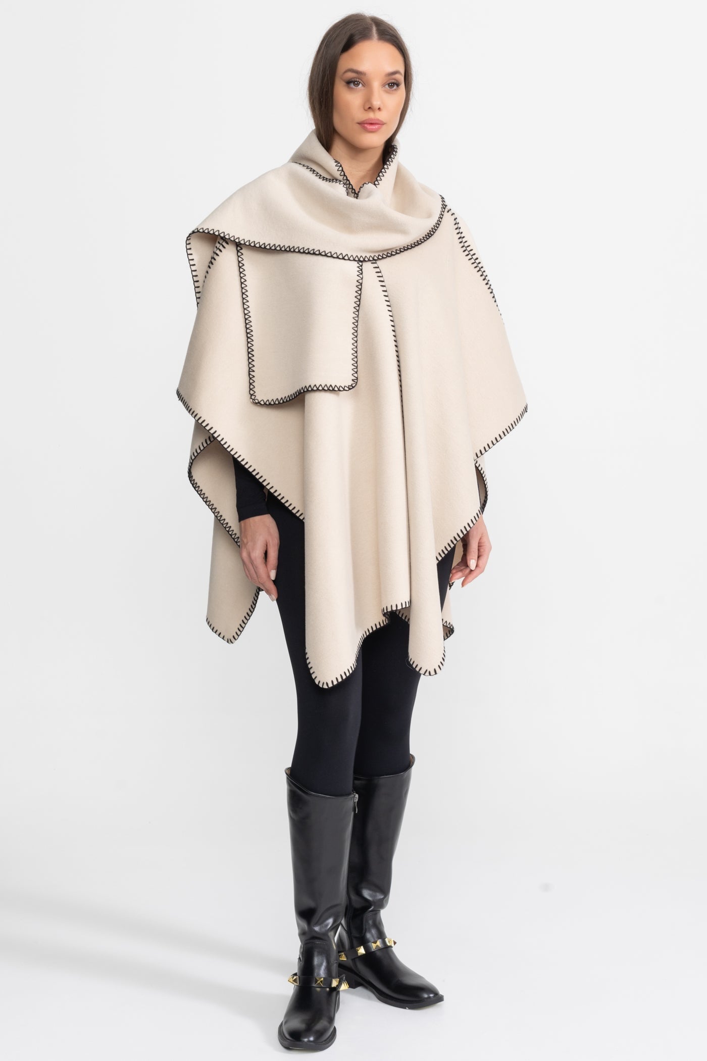 Wool Blend Poncho with Contrast Whipstitch Edging – Ivoire