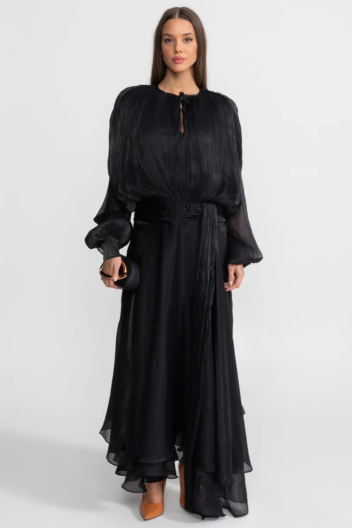 Maxi Dress with Pleated Bodice and Draped Skirt - Black