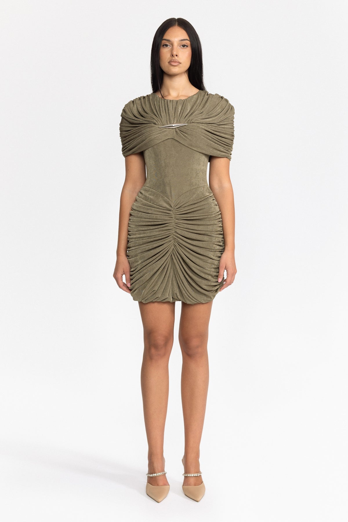 Drapiertes Mini-Cape-Kleid mit Raffungen - Oliv 
