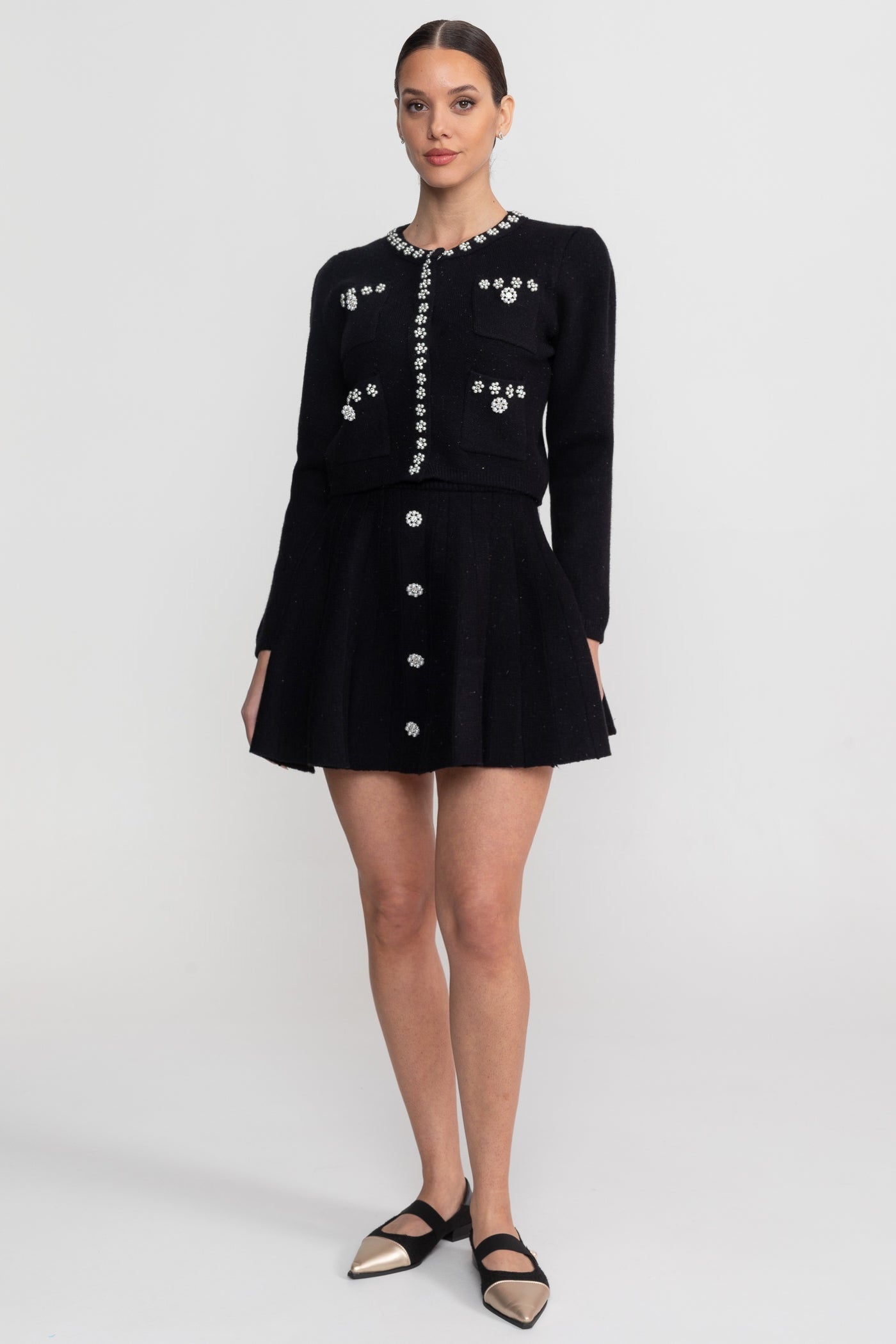 Strick-Co-Ord-Set mit langärmeligem Cardigan und passendem Minirock – Schwarz 