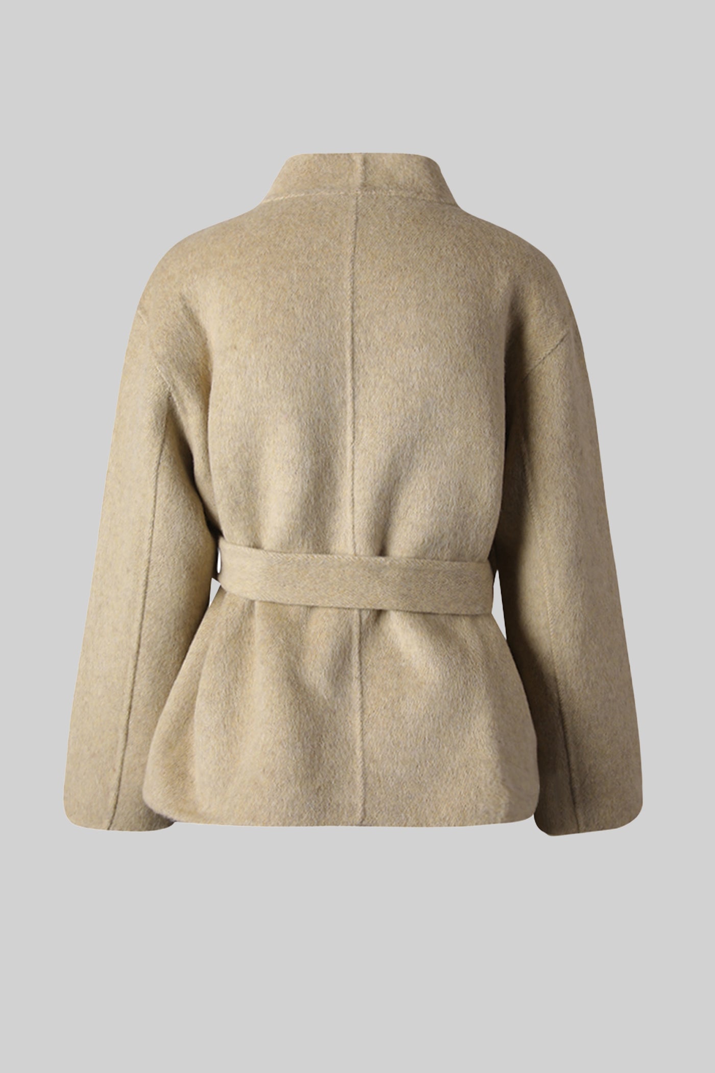 Belted Mini Coat With High Neckline - Beige
