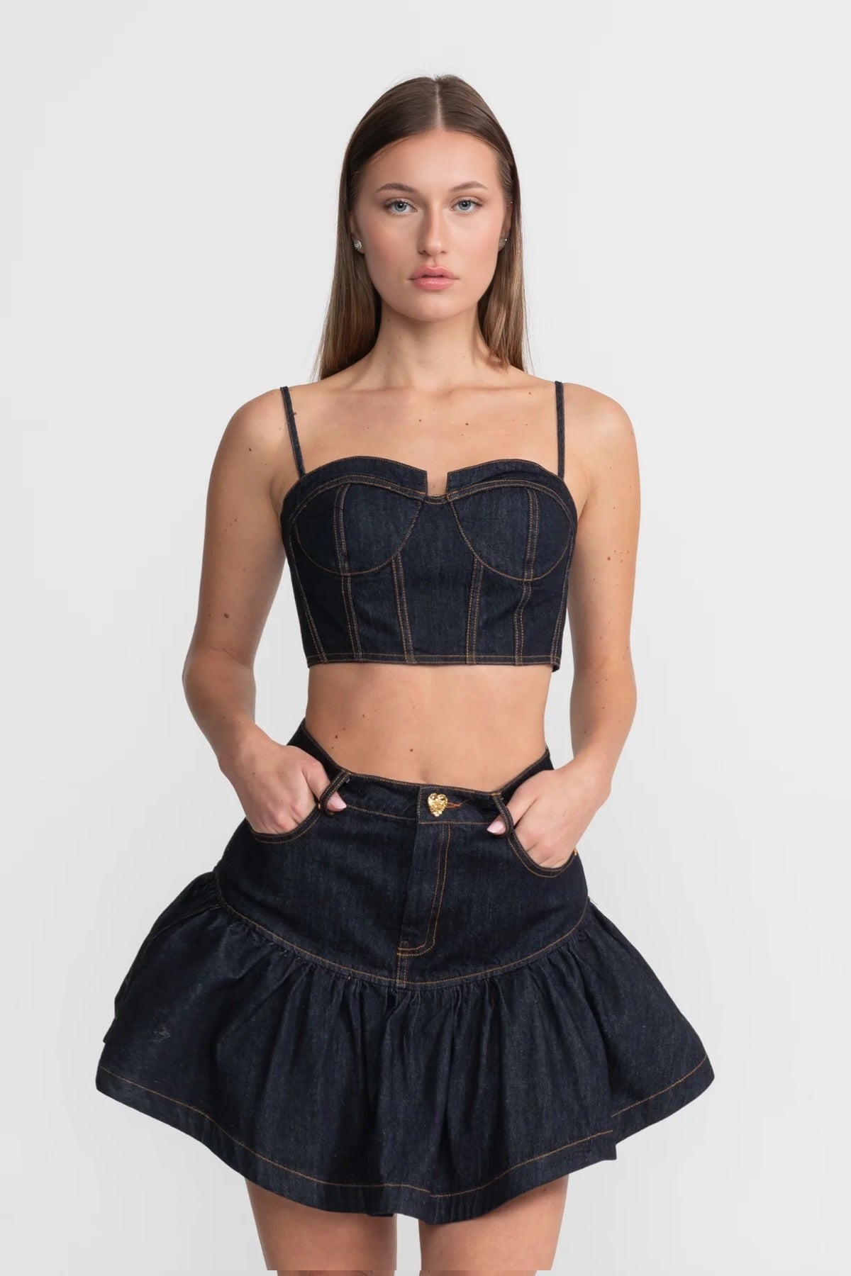 Denim Bustier Co-ord Set With Contrasting Stitching – Indigo