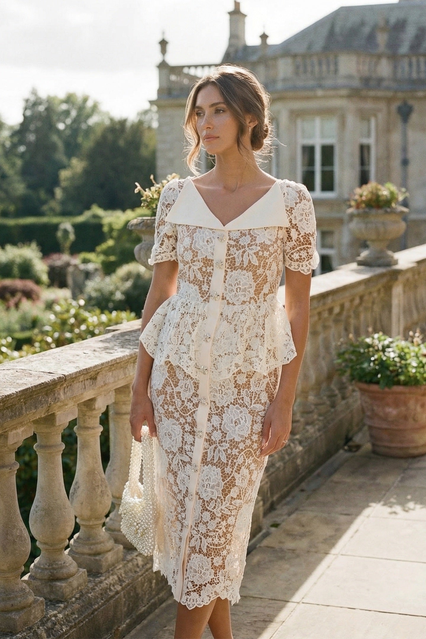 Lace Midi Dress with Peplum Waist and Satin Collar - White