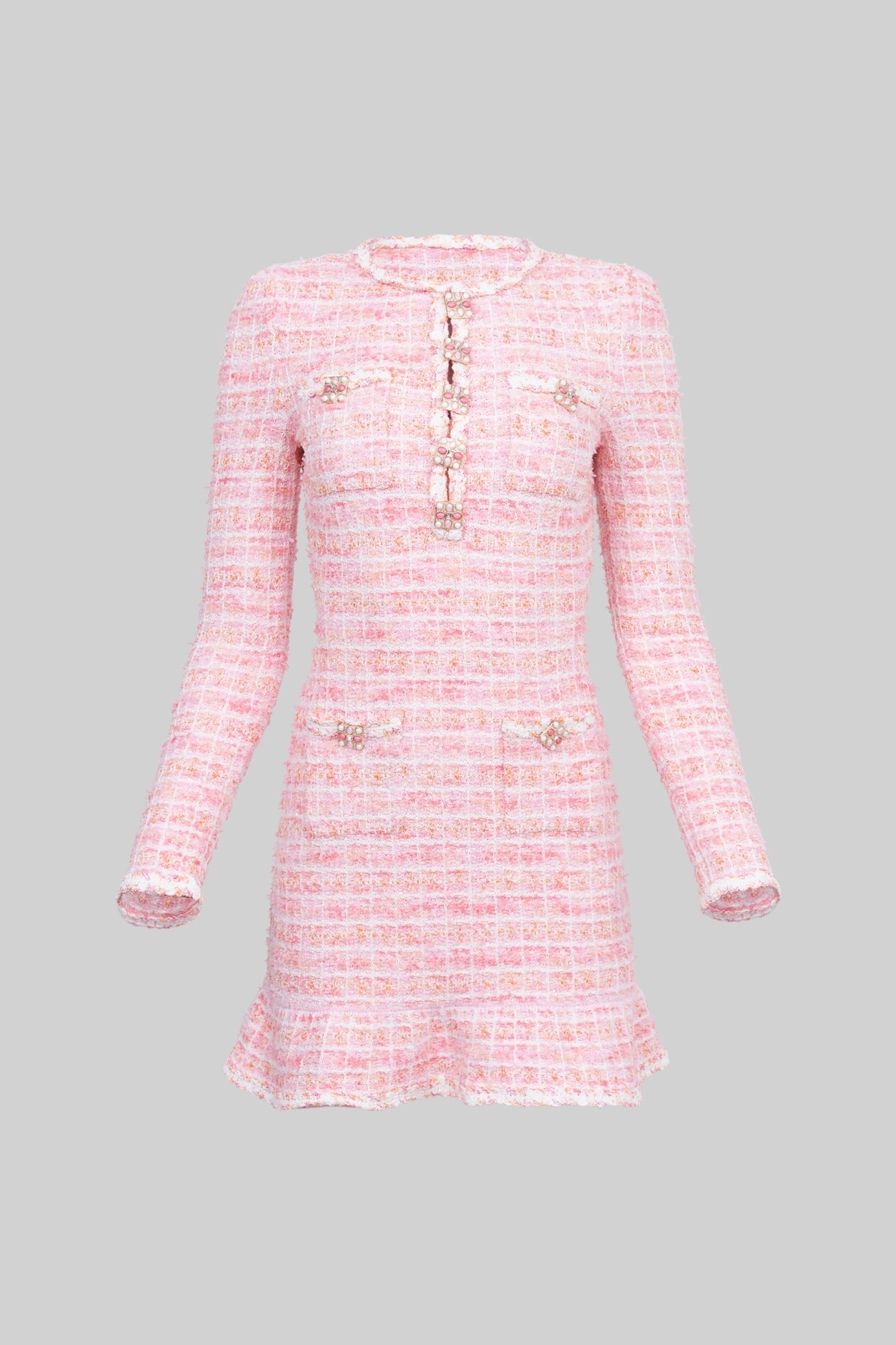 Tweed Mini Dress with Jewel Buttons - Pink