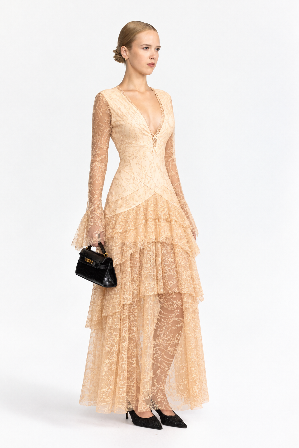 Stufiges Maxikleid aus Chantilly-Spitze - Beige 