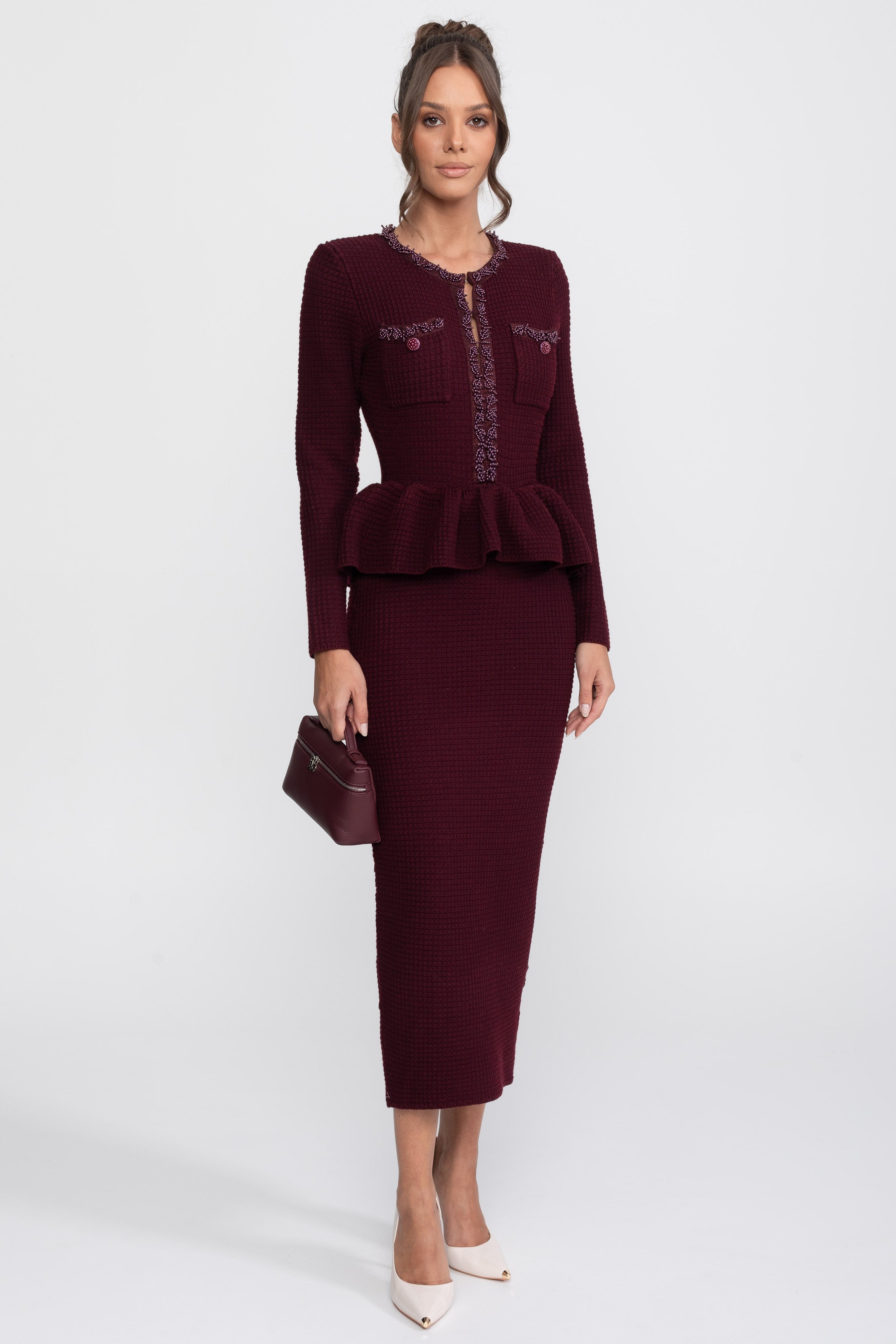 Gestricktes Peplum-Kleid mit Fransenbesatz und Front-Brusttaschen - Burgundy 