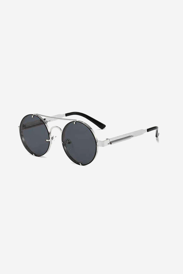 Rimless Round Sunglasses with Double Bridge and Temple Springs – Black/Silver