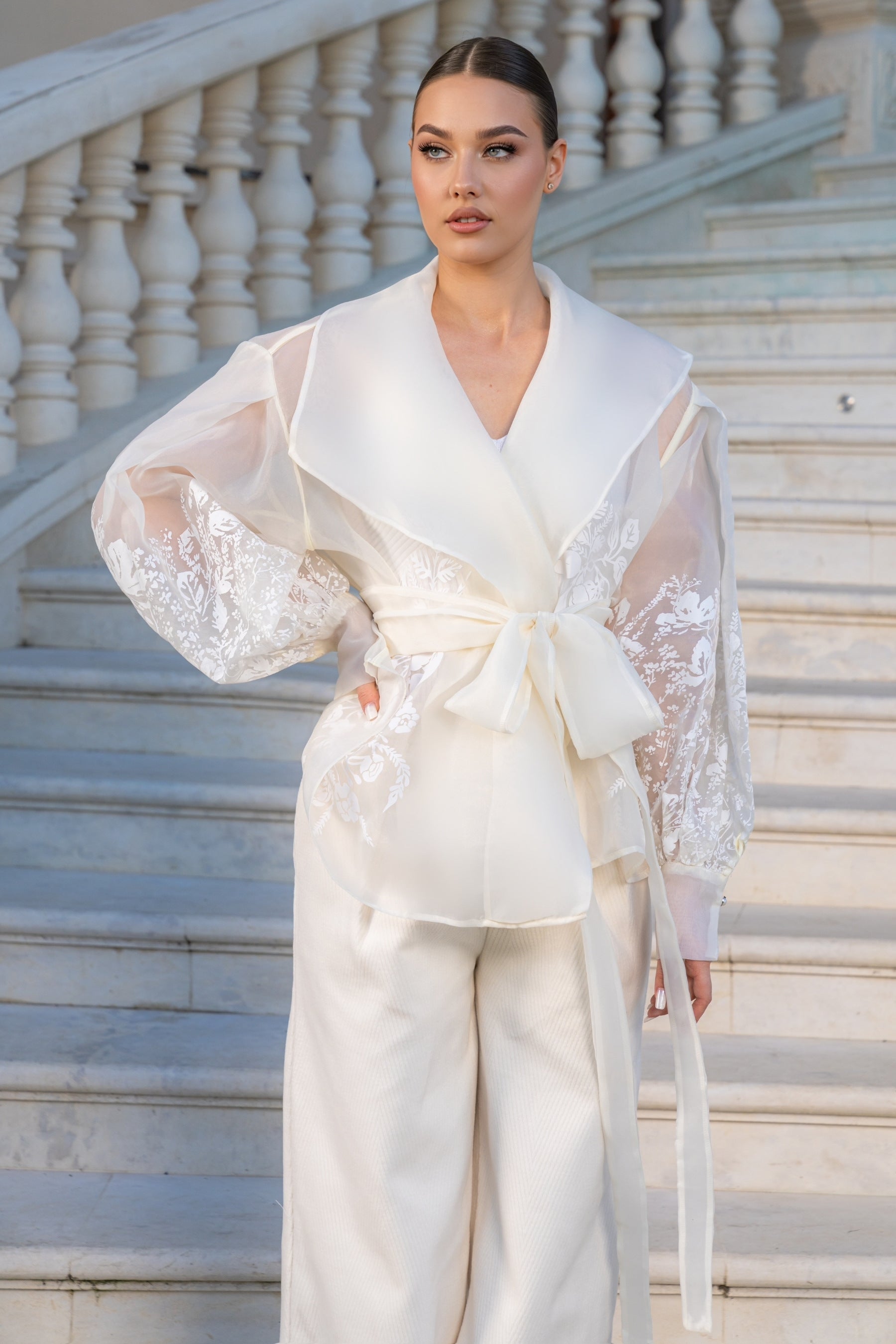 Organza Blazer with Floral Print and Puffy Sleeves - White