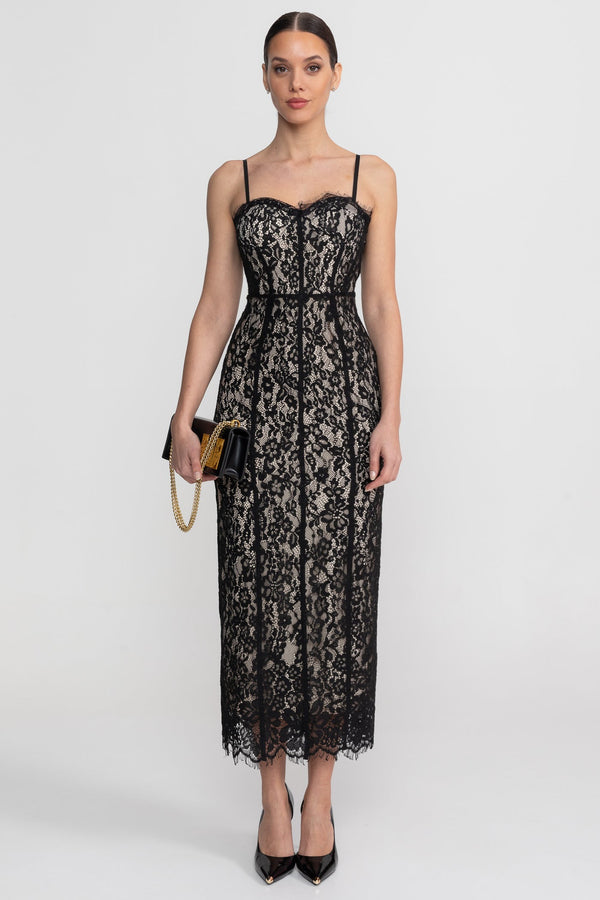 Spitzen-Midikleid mit transparentem Korsett-Oberteil – Schwarz 