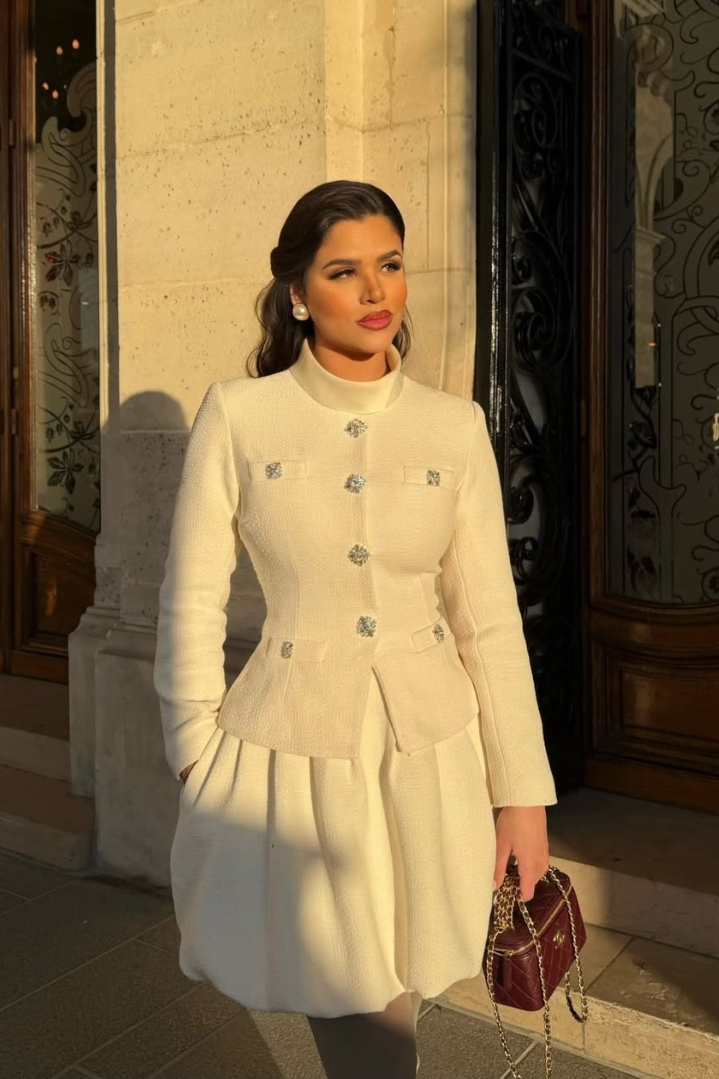 Textured Mini Dress with Crystal Button Embellishments – Ivoire