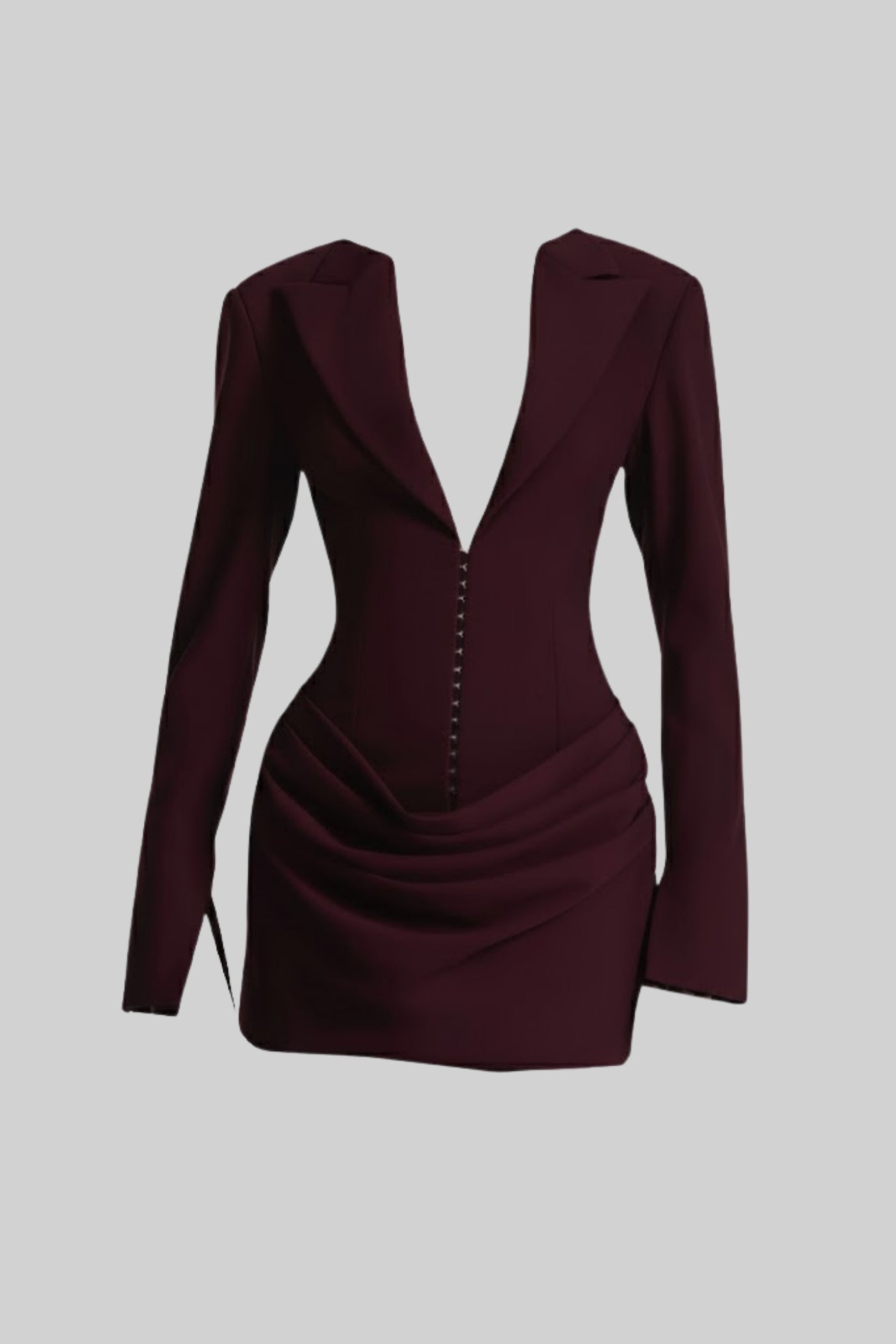 Draped Blazer Mini Dress With Deep Neckline – Dark Burgundy