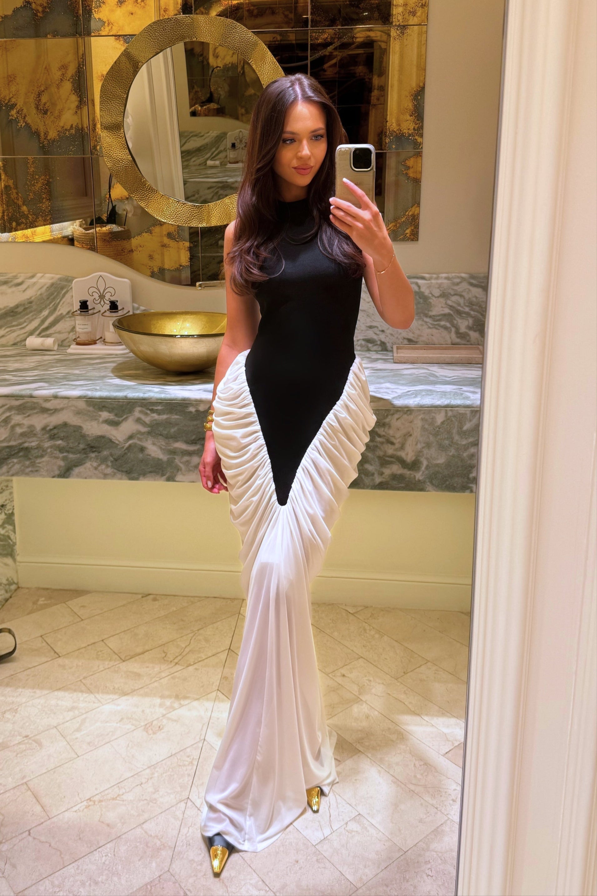 Halter Maxi Dress with  Contrasting Ruched Paneling - Black/White