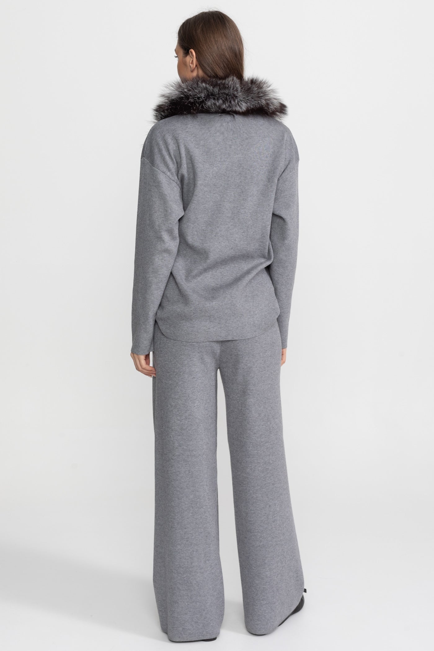 Knit Lounge Co-Ord Set with Fox Fur Collar – Grey