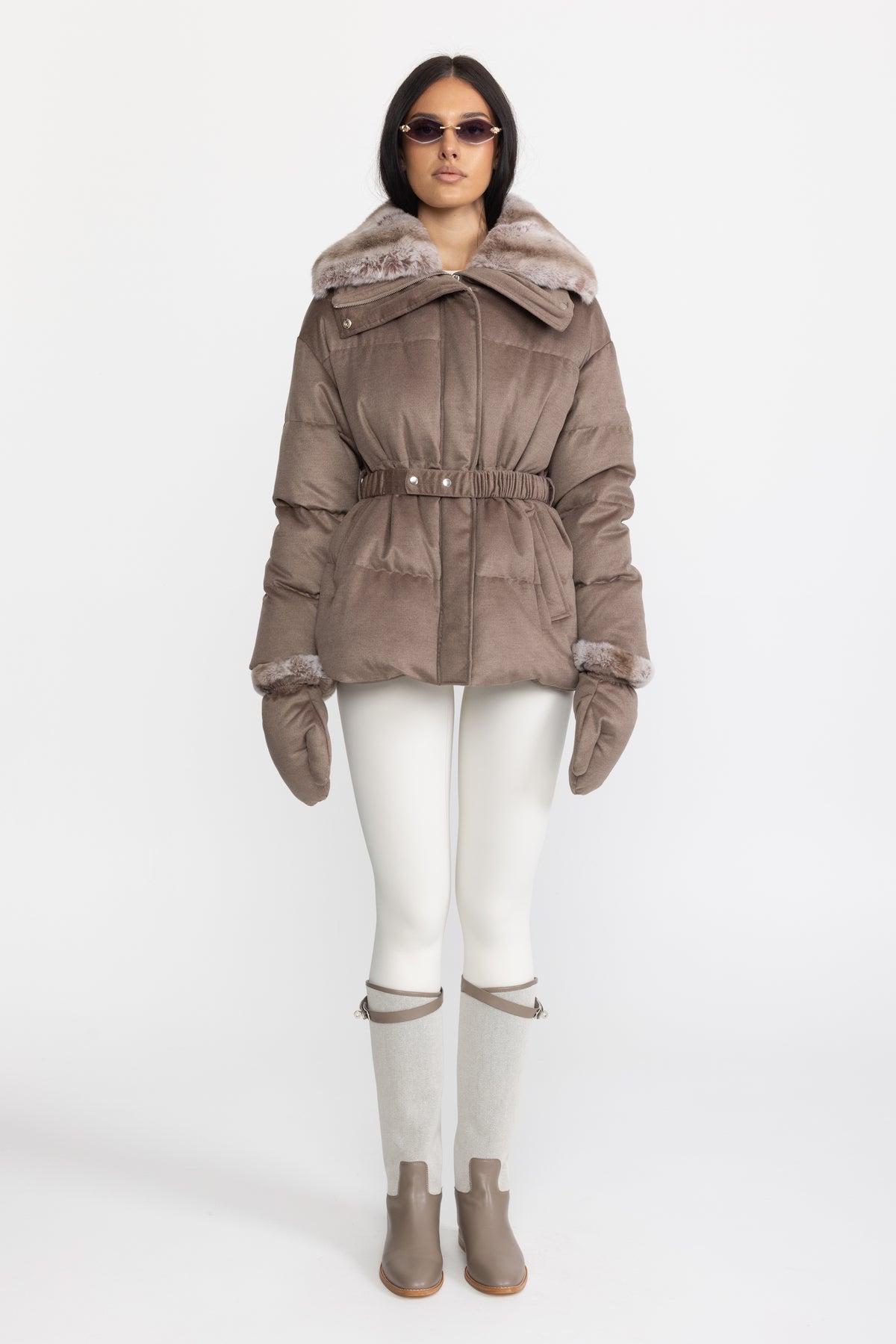 Rex Rabbit Fur Collar Cotton-Silk Down Jacket - Taupe