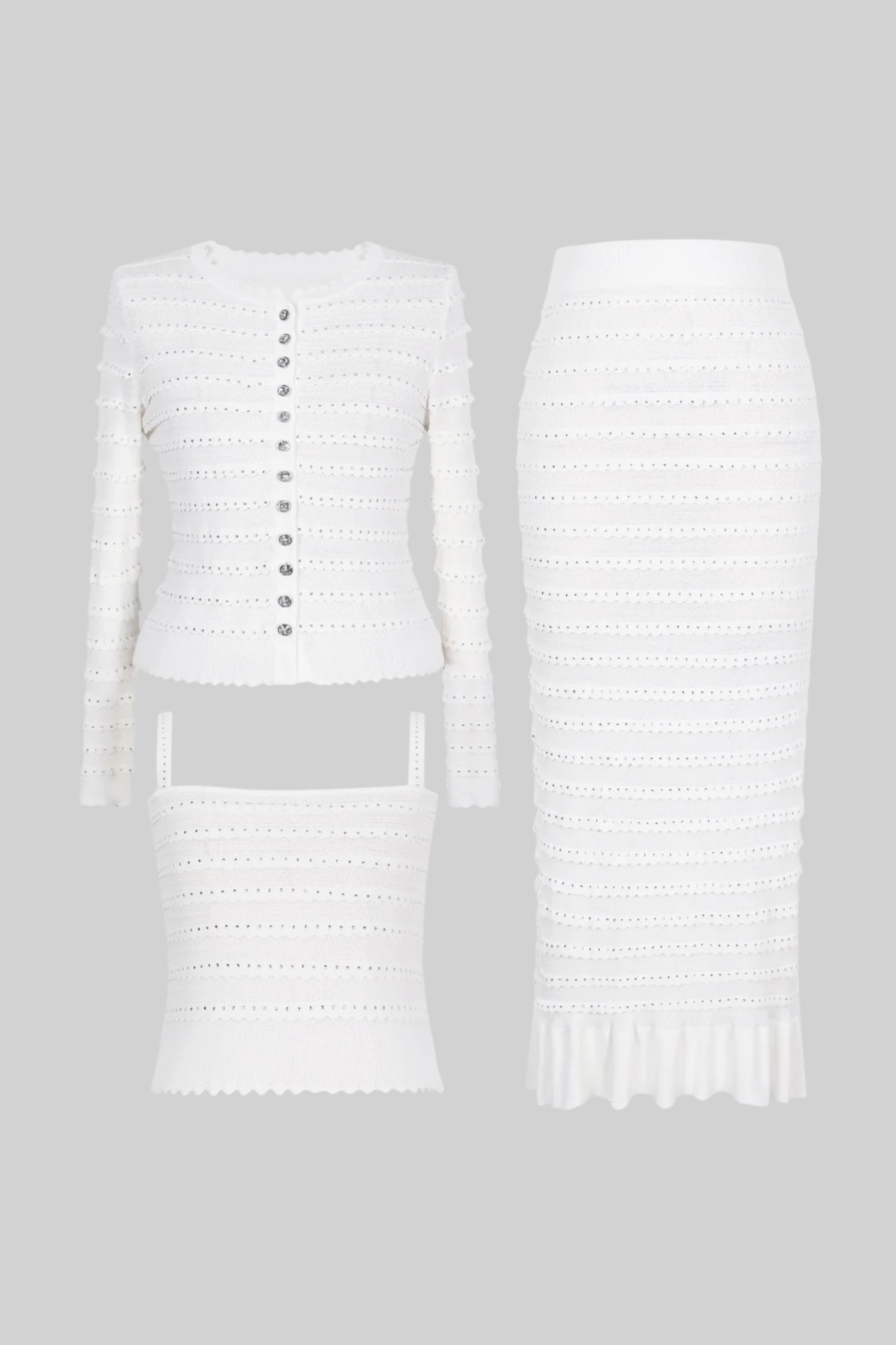Textured Knit 3 Piece Set With Blazer, Top and Midi Skirt - White