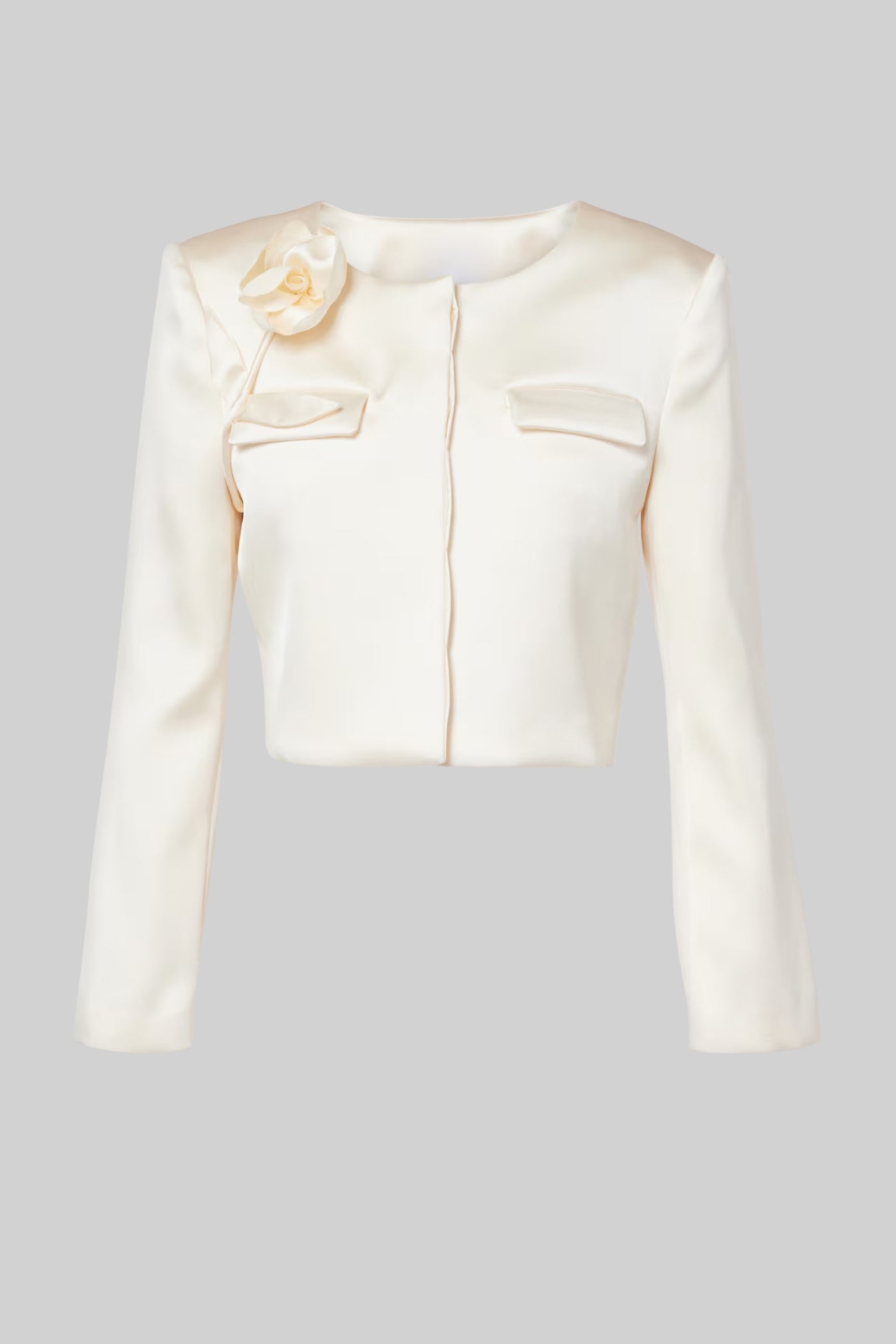 Satin Cropped Jacket with Floral Detail - Ivoire