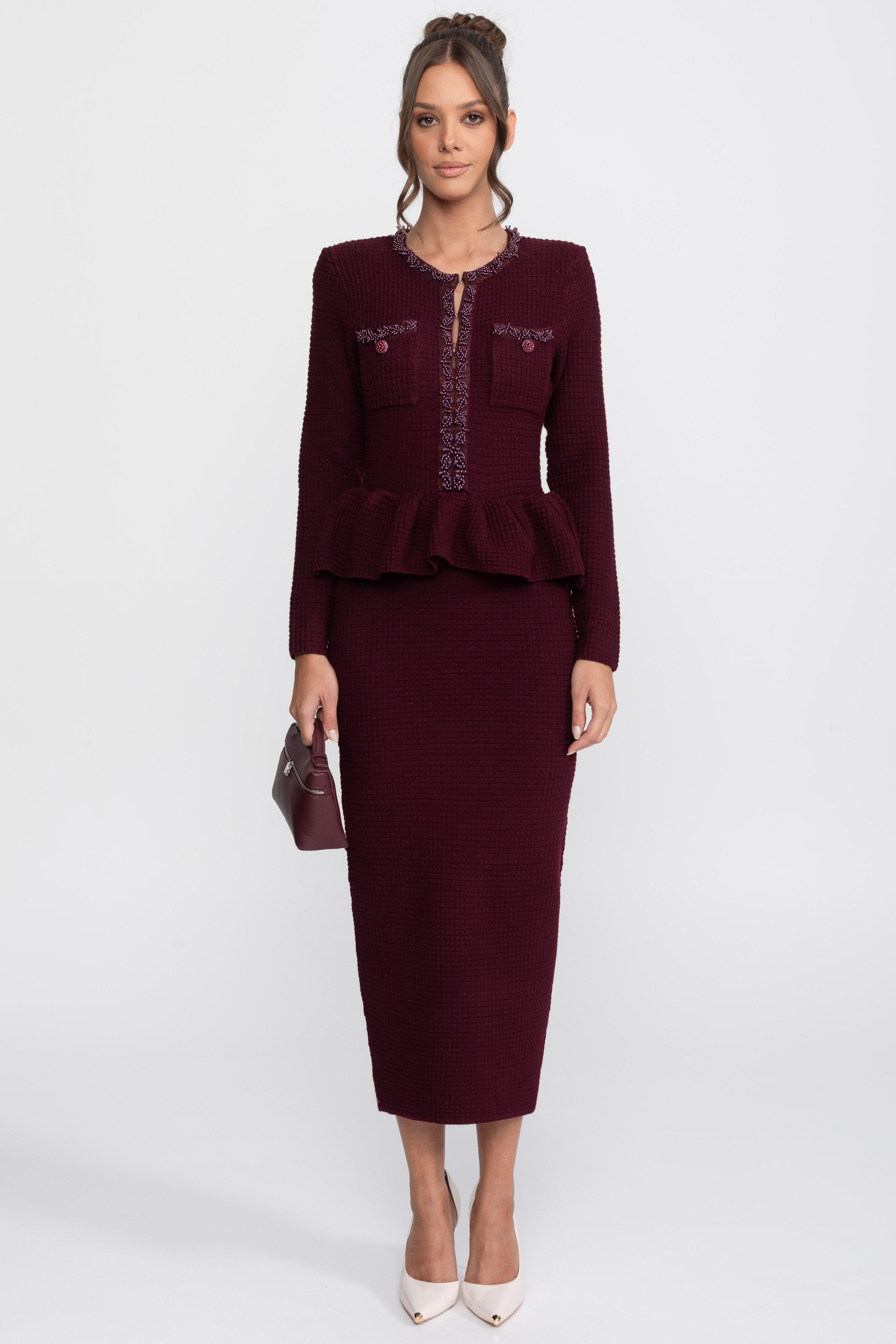 Gestricktes Peplum-Kleid mit Fransenbesatz und Front-Brusttaschen - Burgundy 