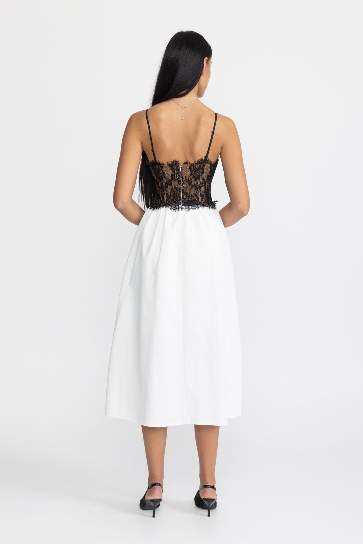 Midi-Kleid aus Popeline mit Bustier aus Spitze - Schwarz & Weiß 
