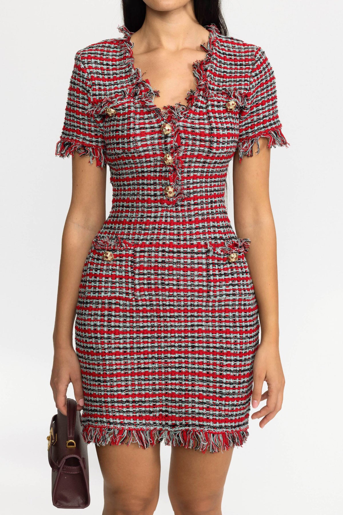 Minikleid aus Tweed-Strick mit Fransen - Rot Multicolor 