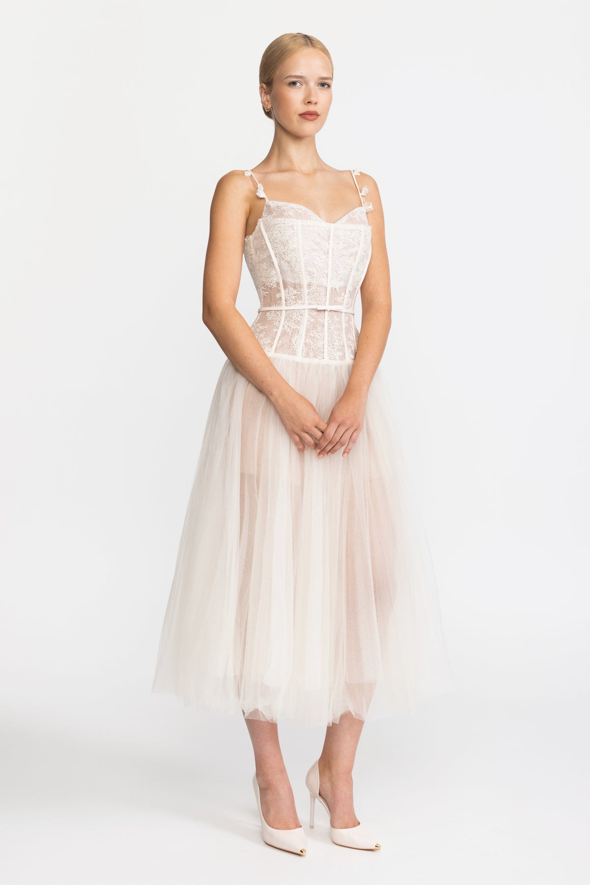 Midi-Kleid aus Tüll mit Spitzenkorsage – Beige 