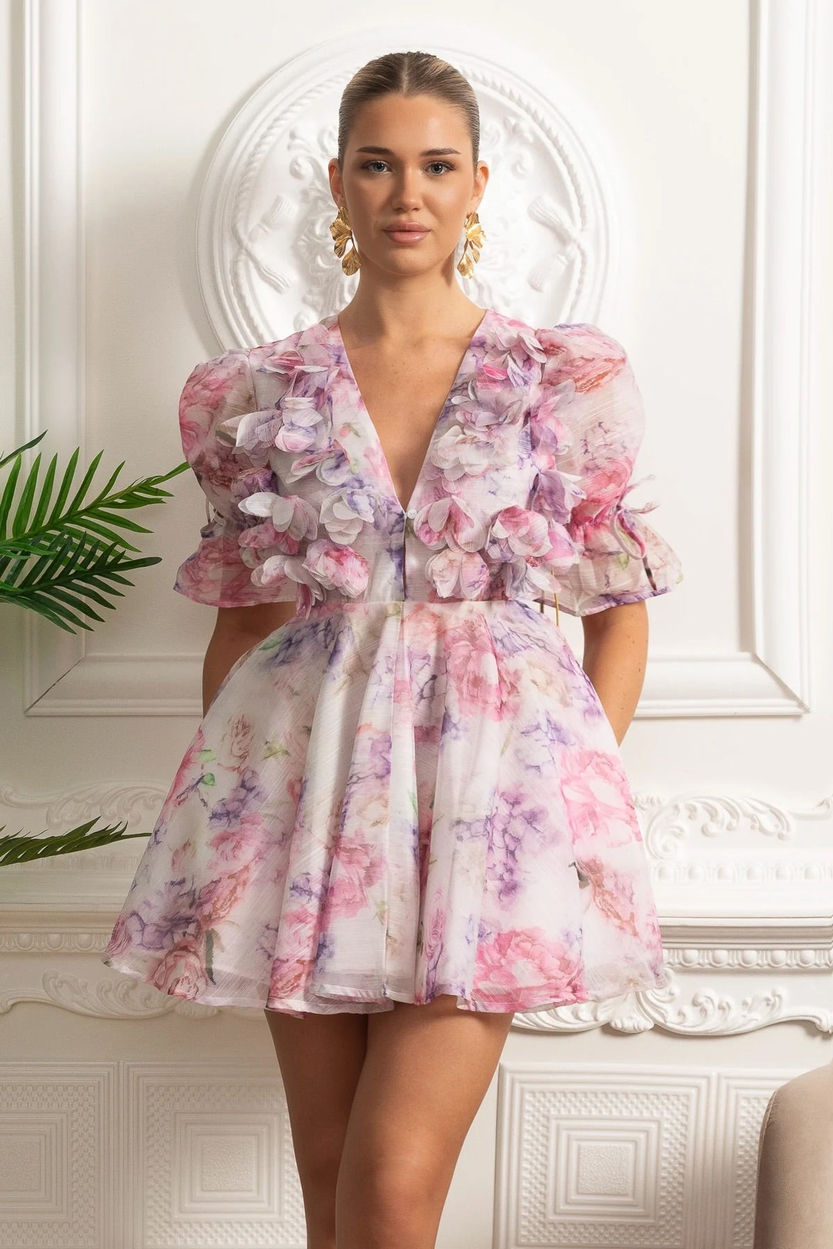3D Floral Appliqué Puff Sleeve Mini Dress - Pink