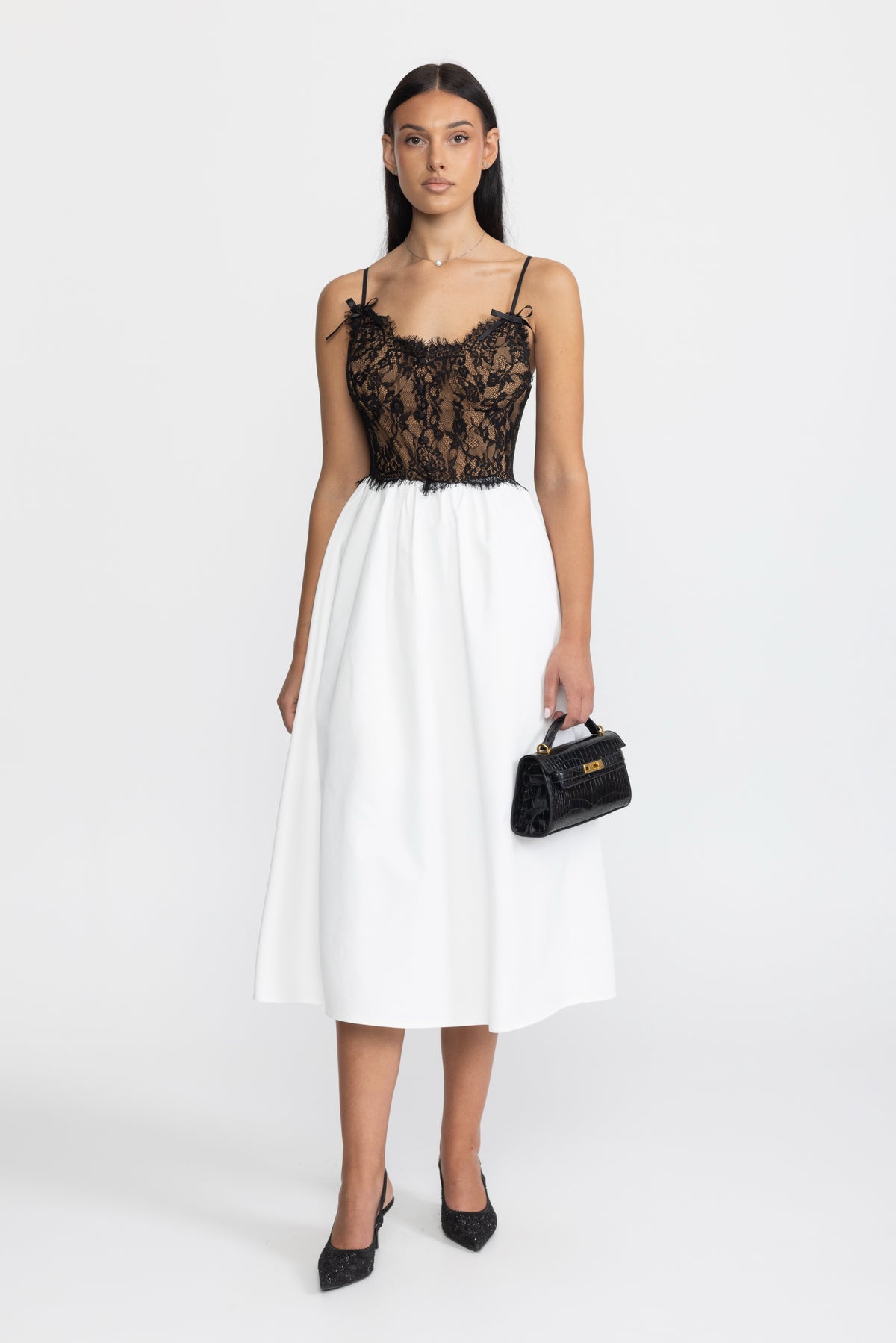 Midi-Kleid aus Popeline mit Bustier aus Spitze - Schwarz & Weiß 
