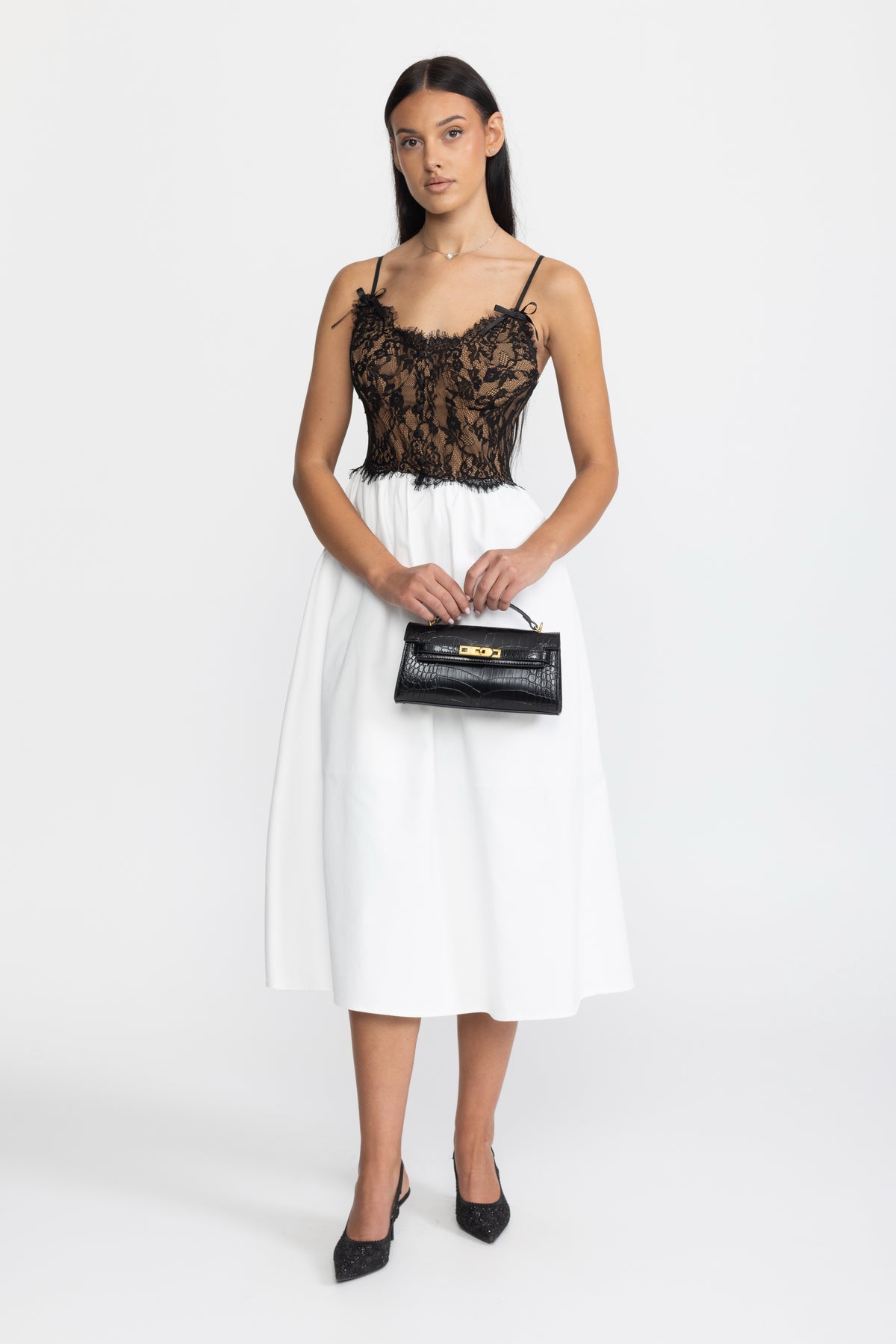 Midi-Kleid aus Popeline mit Bustier aus Spitze - Schwarz & Weiß 